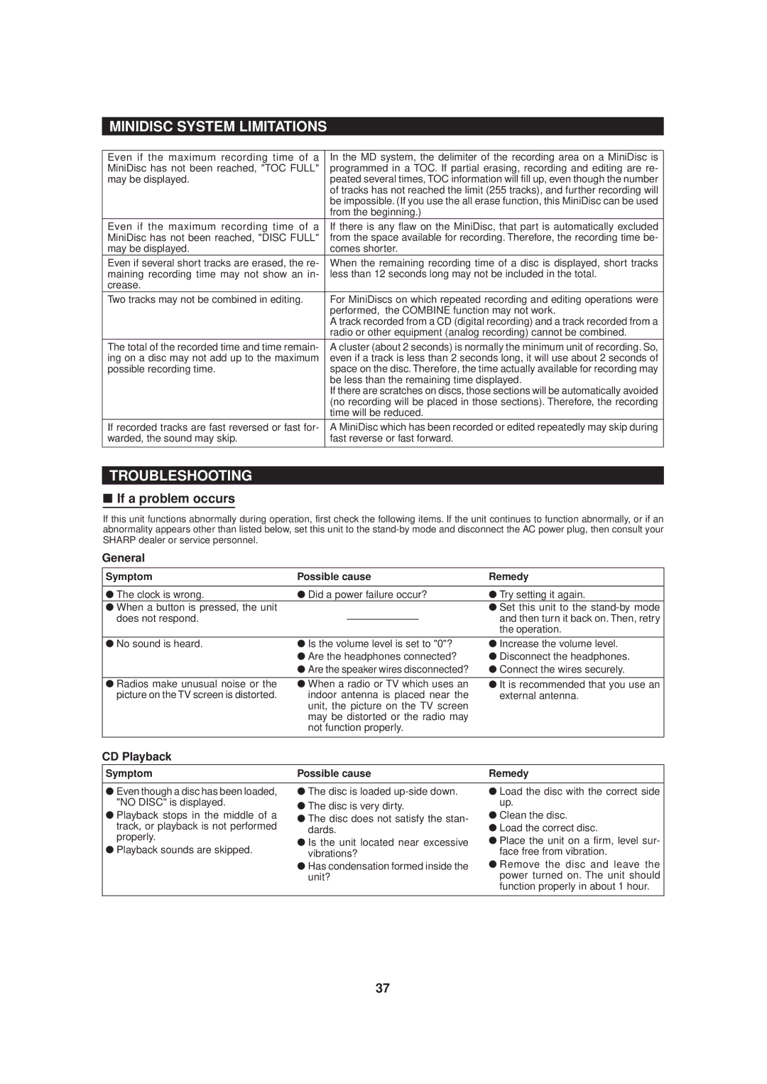 Sharp MD-MX20 operation manual Minidisc System Limitations, Troubleshooting, If a problem occurs, General, CD Playback 