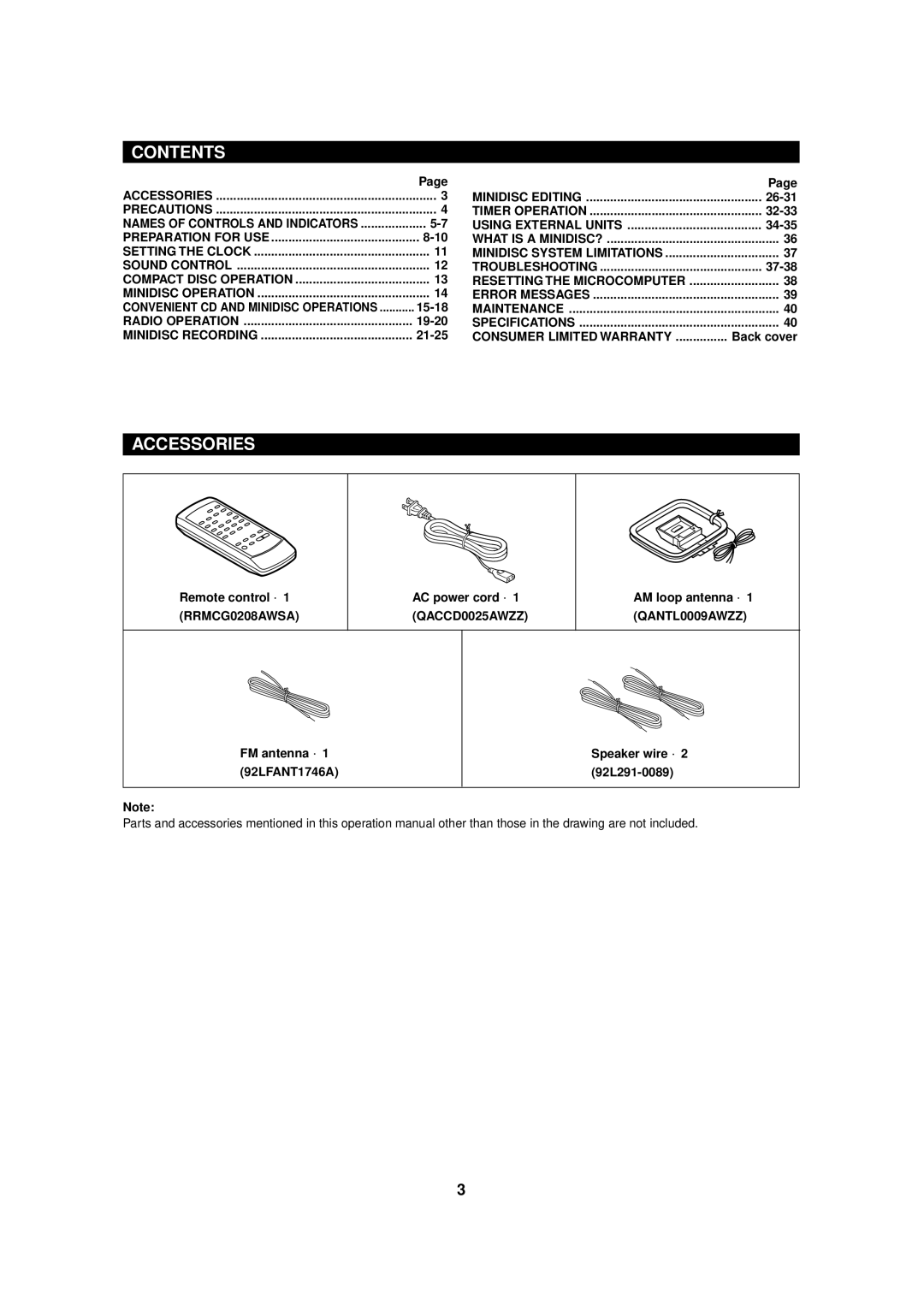 Sharp MD-MX20 operation manual Contents, Accessories 