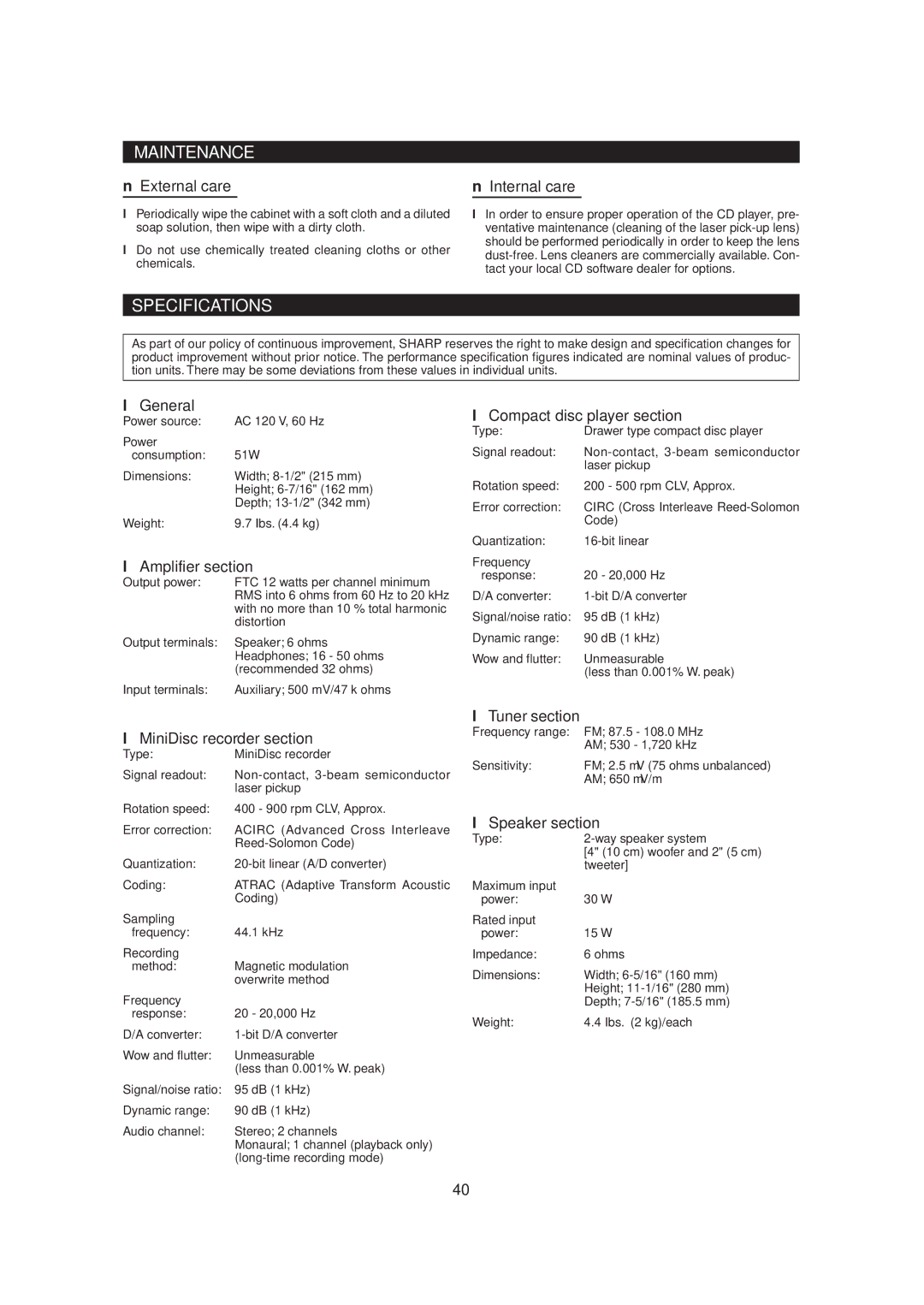 Sharp MD-MX20 operation manual Maintenance, Specifications 