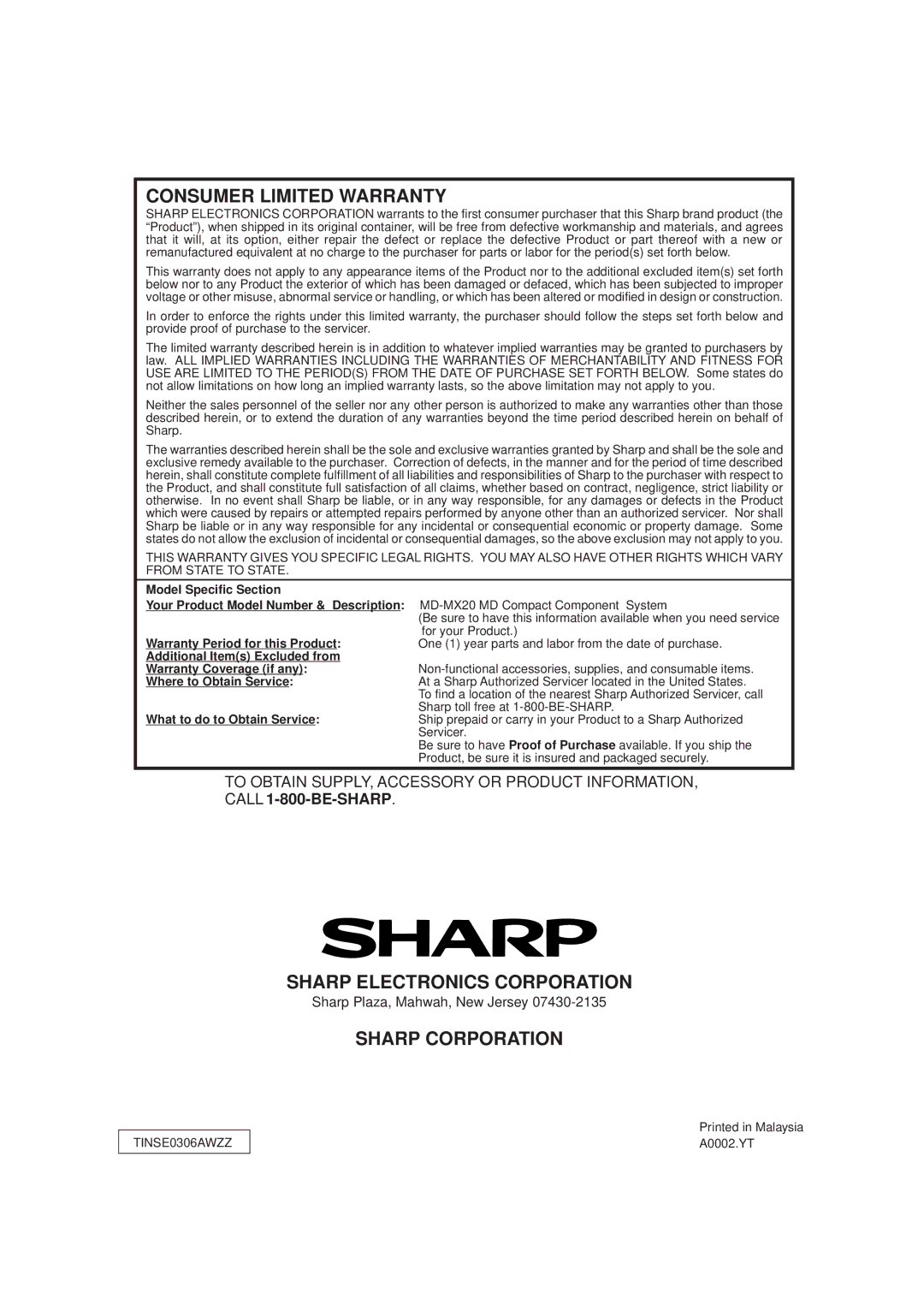 Sharp MD-MX20 operation manual Model Specific Section, Where to Obtain Service What to do to Obtain Service 