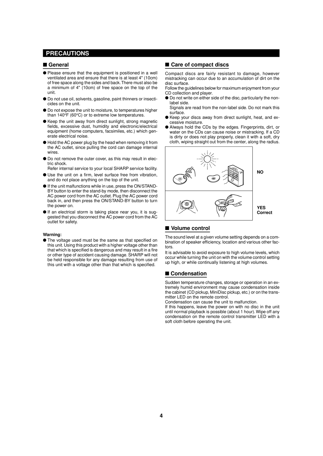 Sharp MD-MX20 operation manual Precautions, General, Care of compact discs, Volume control, Condensation 