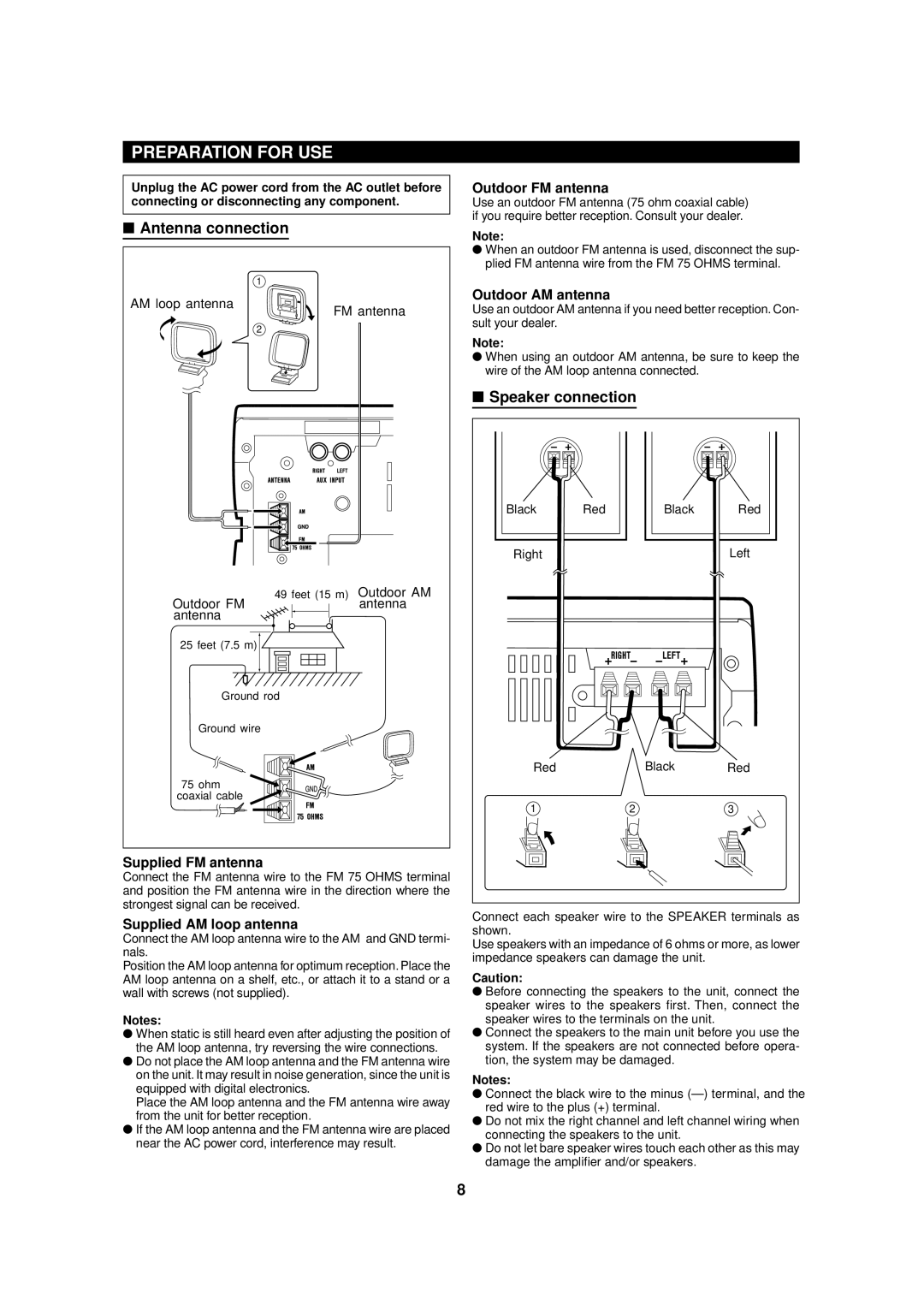 Sharp MD-MX20 operation manual Preparation for USE, Antenna connection, Speaker connection 