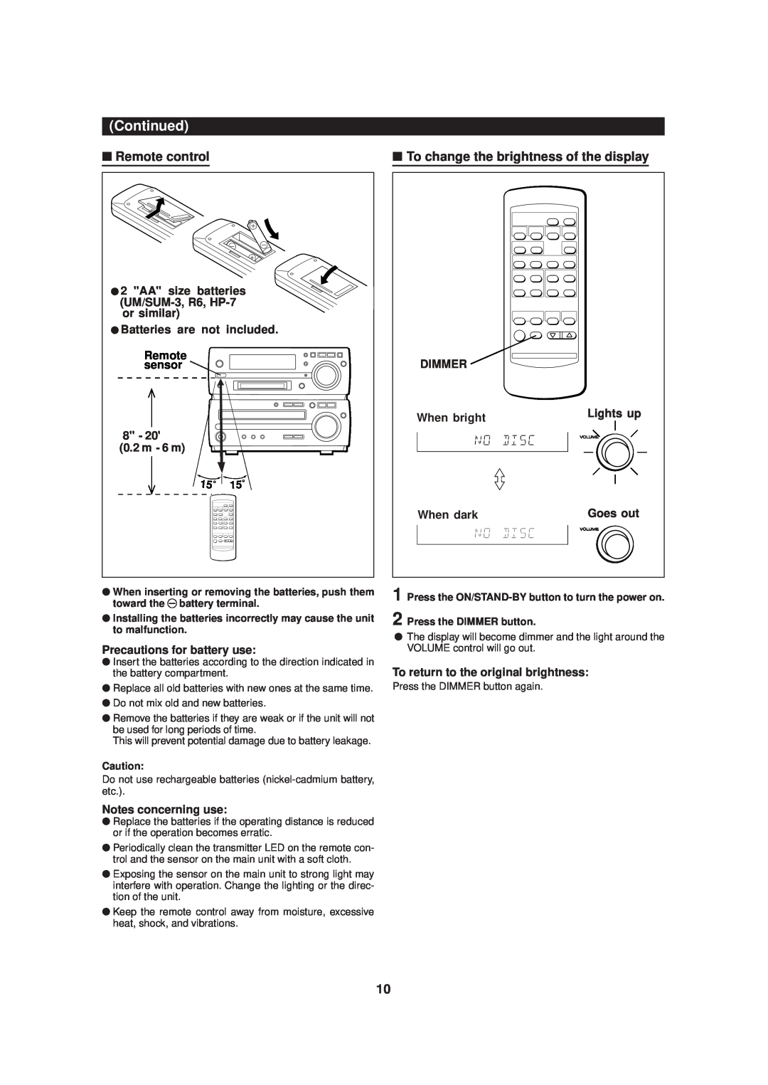 Sharp MD-MX20 operation manual To change the brightness of the display, Continued, Remote control 