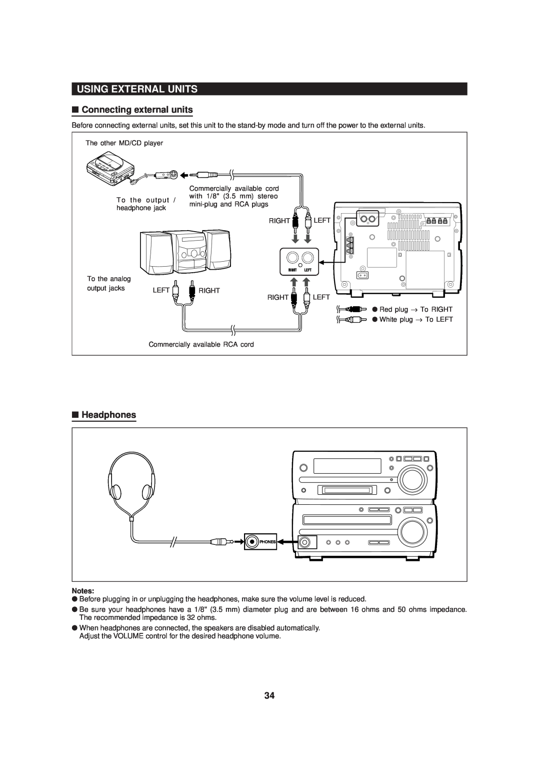 Sharp MD-MX20 operation manual Using External Units, Connecting external units, Headphones 