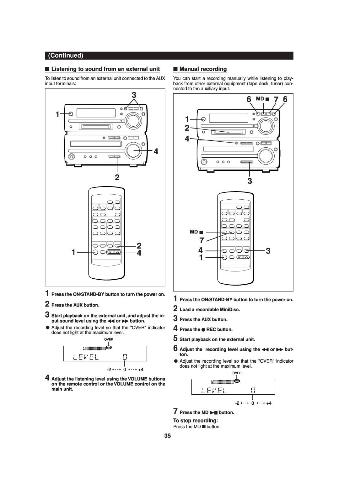 Sharp MD-MX20 operation manual Listening to sound from an external unit, Manual recording 