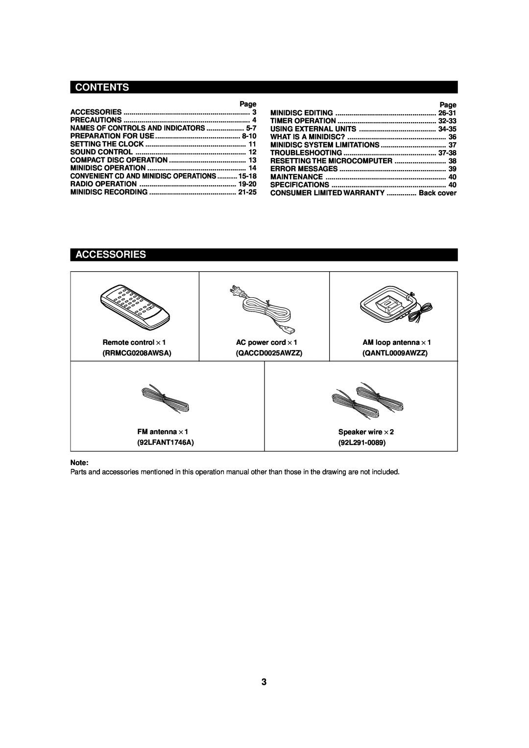 Sharp MD-MX20 operation manual Contents, Accessories 