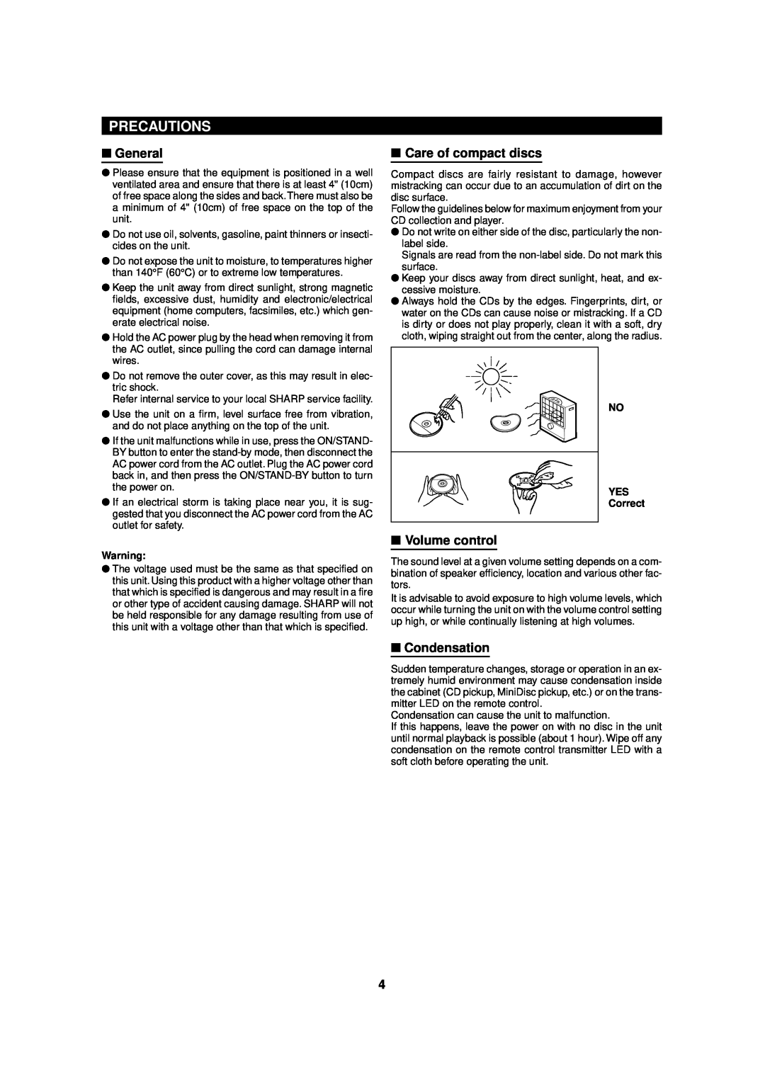Sharp MD-MX20 operation manual Precautions, General, Care of compact discs, Volume control, Condensation 