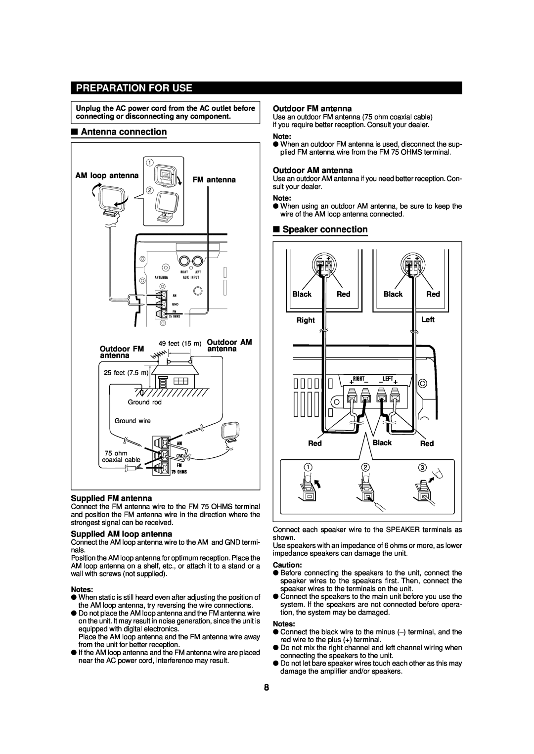 Sharp MD-MX20 operation manual Preparation For Use, Antenna connection, Speaker connection 