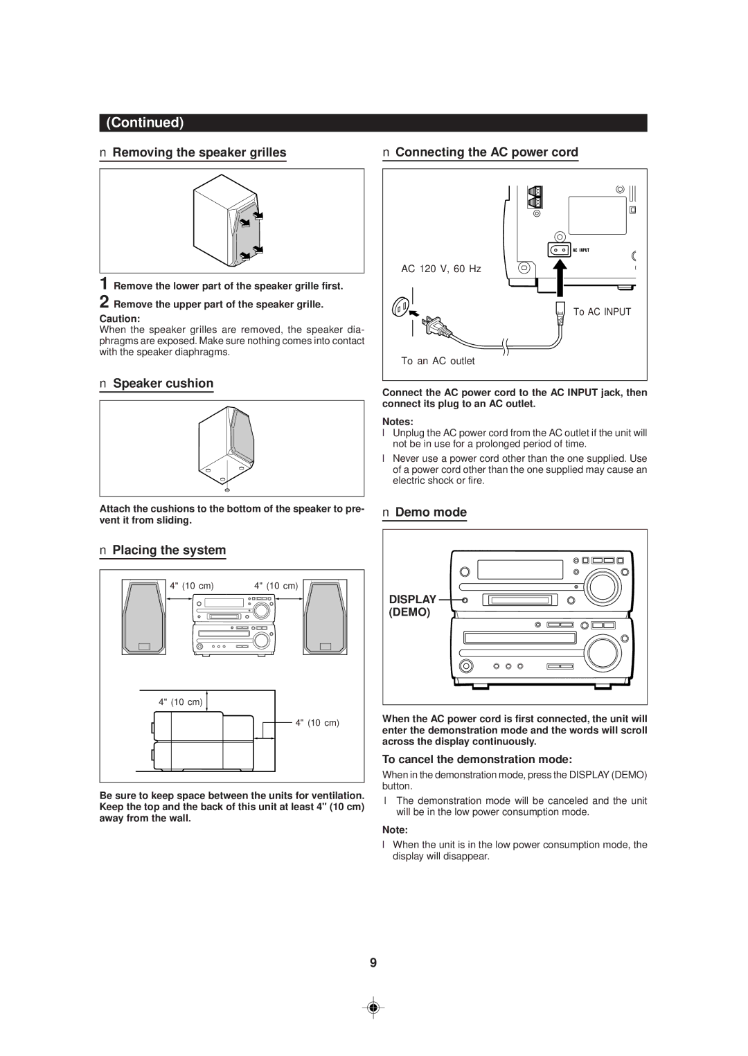 Sharp MD-MX30 MD Removing the speaker grilles, Speaker cushion, Placing the system, Connecting the AC power cord 