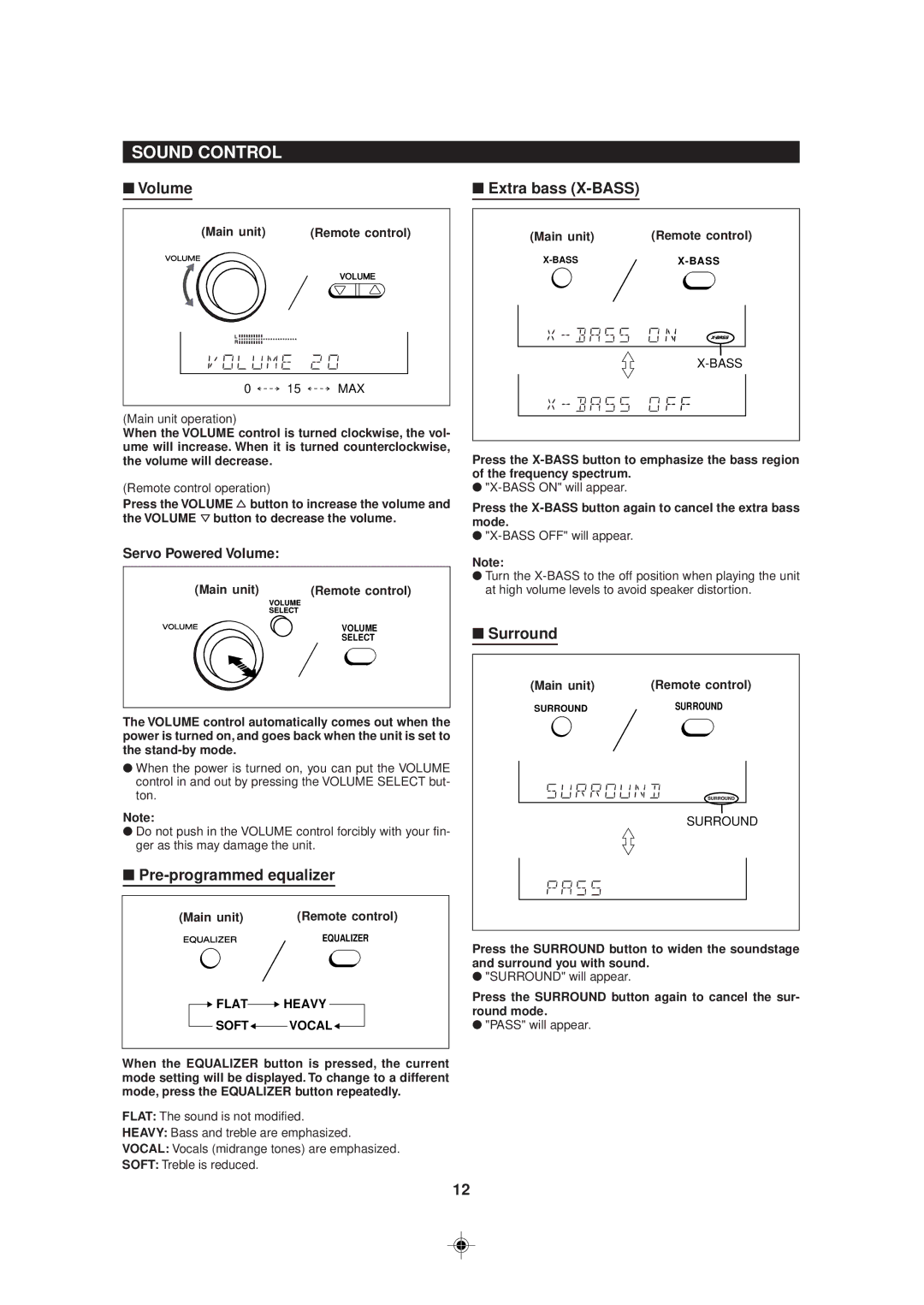 Sharp MD-MX30 MD operation manual Sound Control, Volume, Pre-programmed equalizer, Extra bass X-BASS, Surround 