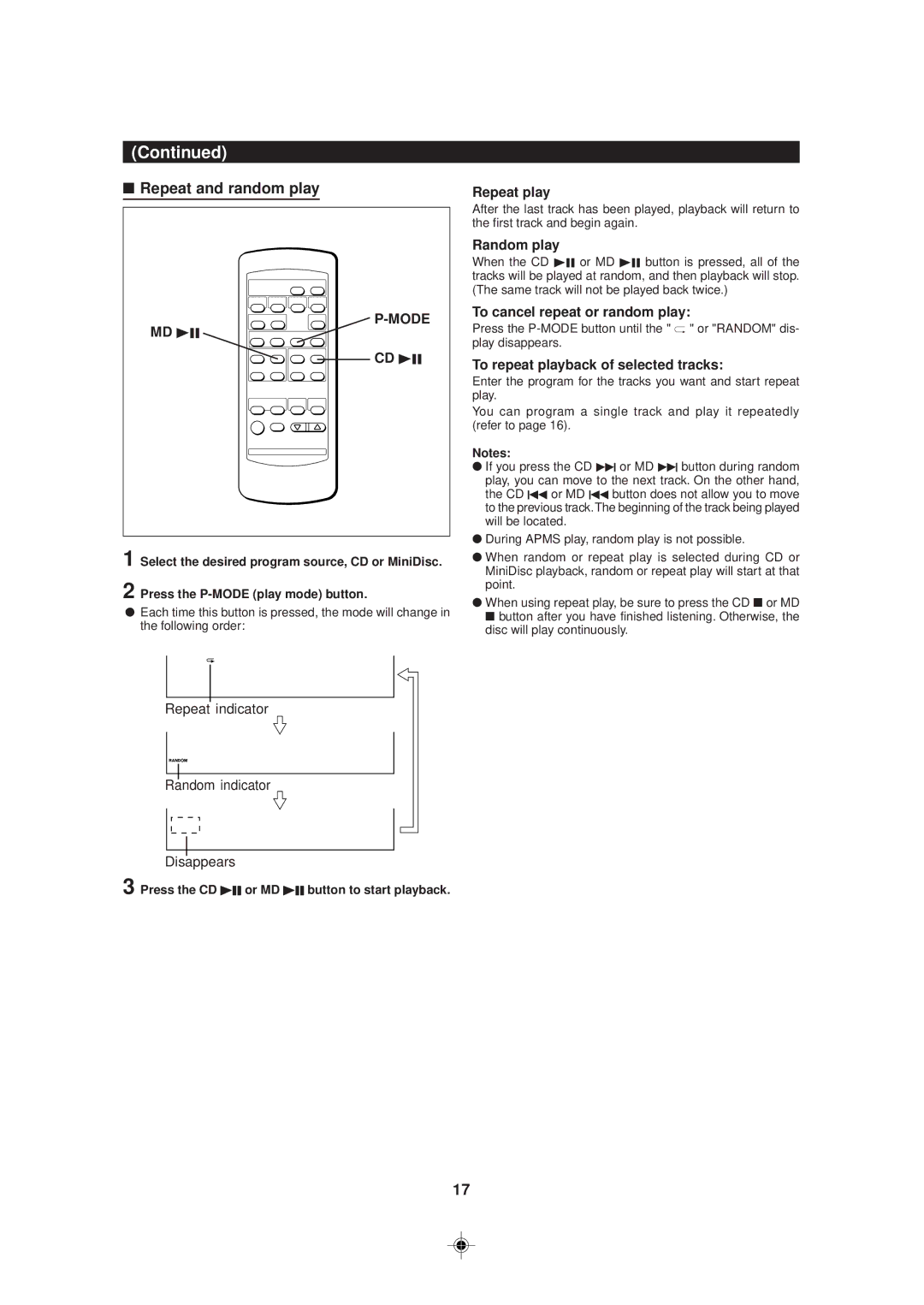 Sharp MD-MX30 MD operation manual Repeat and random play, Mode 