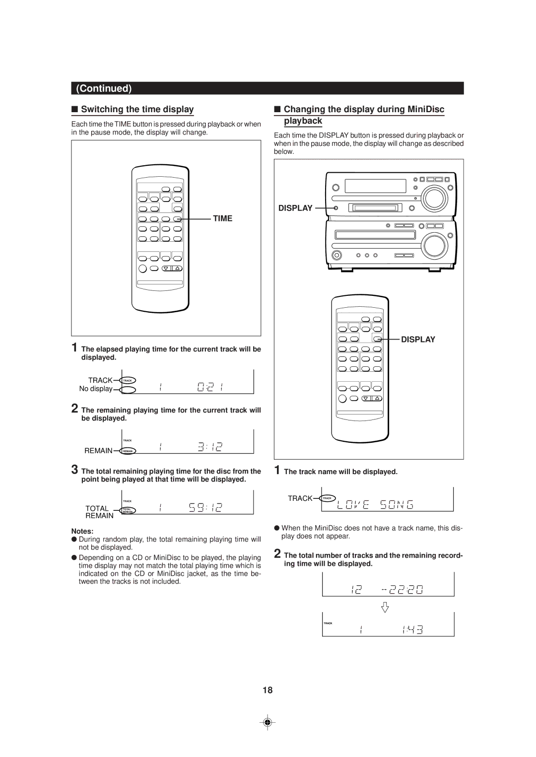 Sharp MD-MX30 MD operation manual Switching the time display, Changing the display during MiniDisc playback, Time, Display 