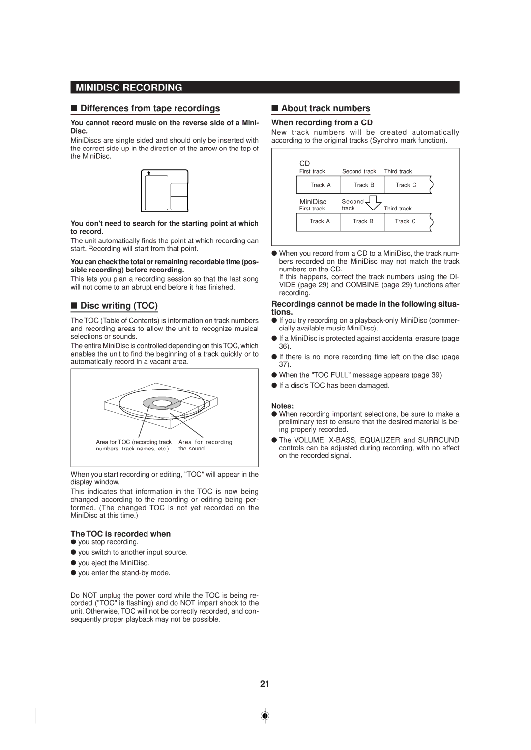 Sharp MD-MX30 MD Minidisc Recording, Differences from tape recordings, Disc writing TOC, About track numbers 