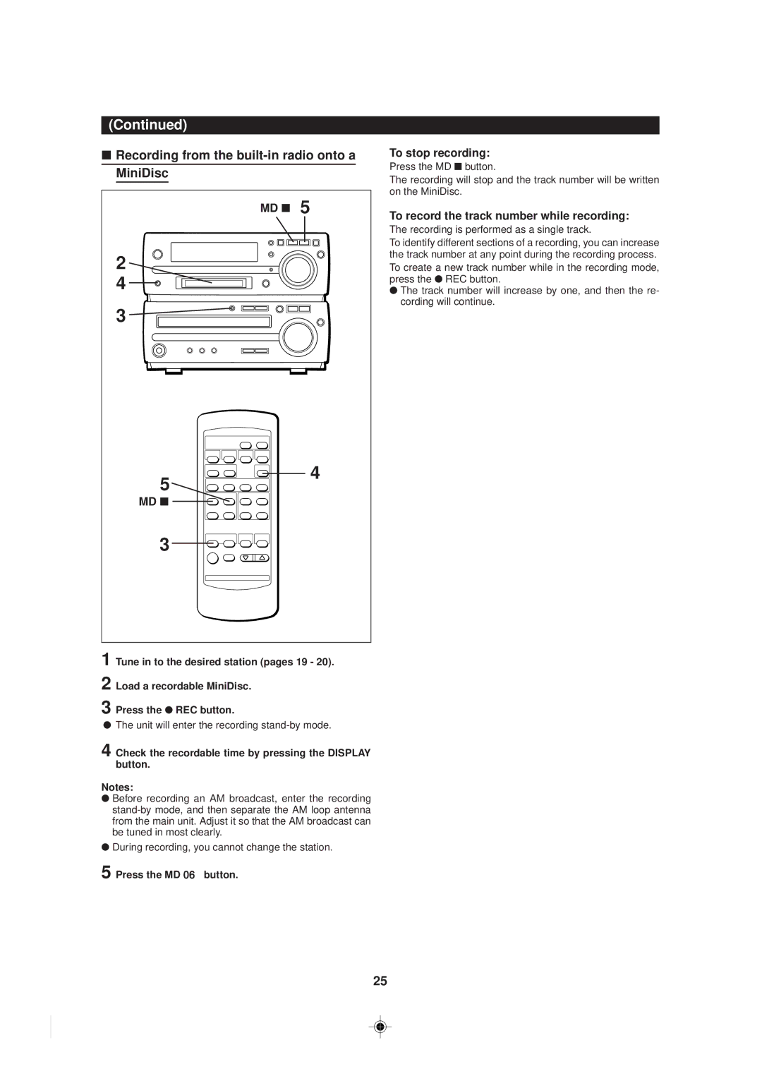 Sharp MD-MX30 MD Recording from the built-in radio onto a MiniDisc, To record the track number while recording 