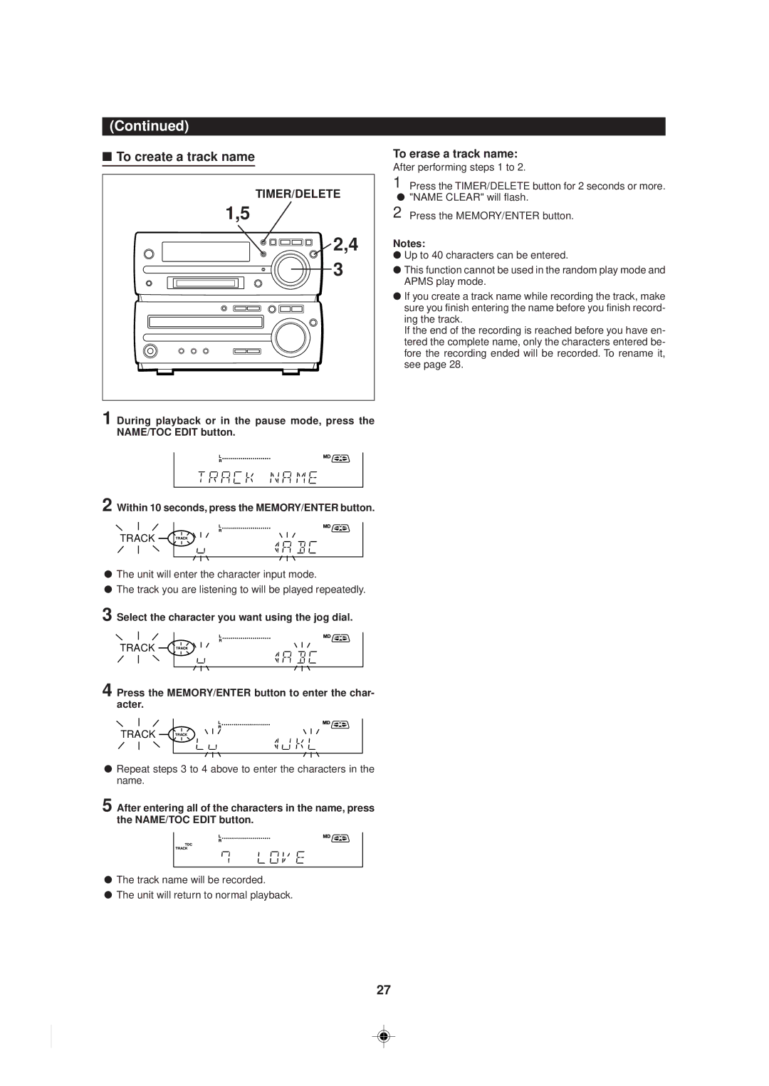 Sharp MD-MX30 MD operation manual To create a track name, To erase a track name 