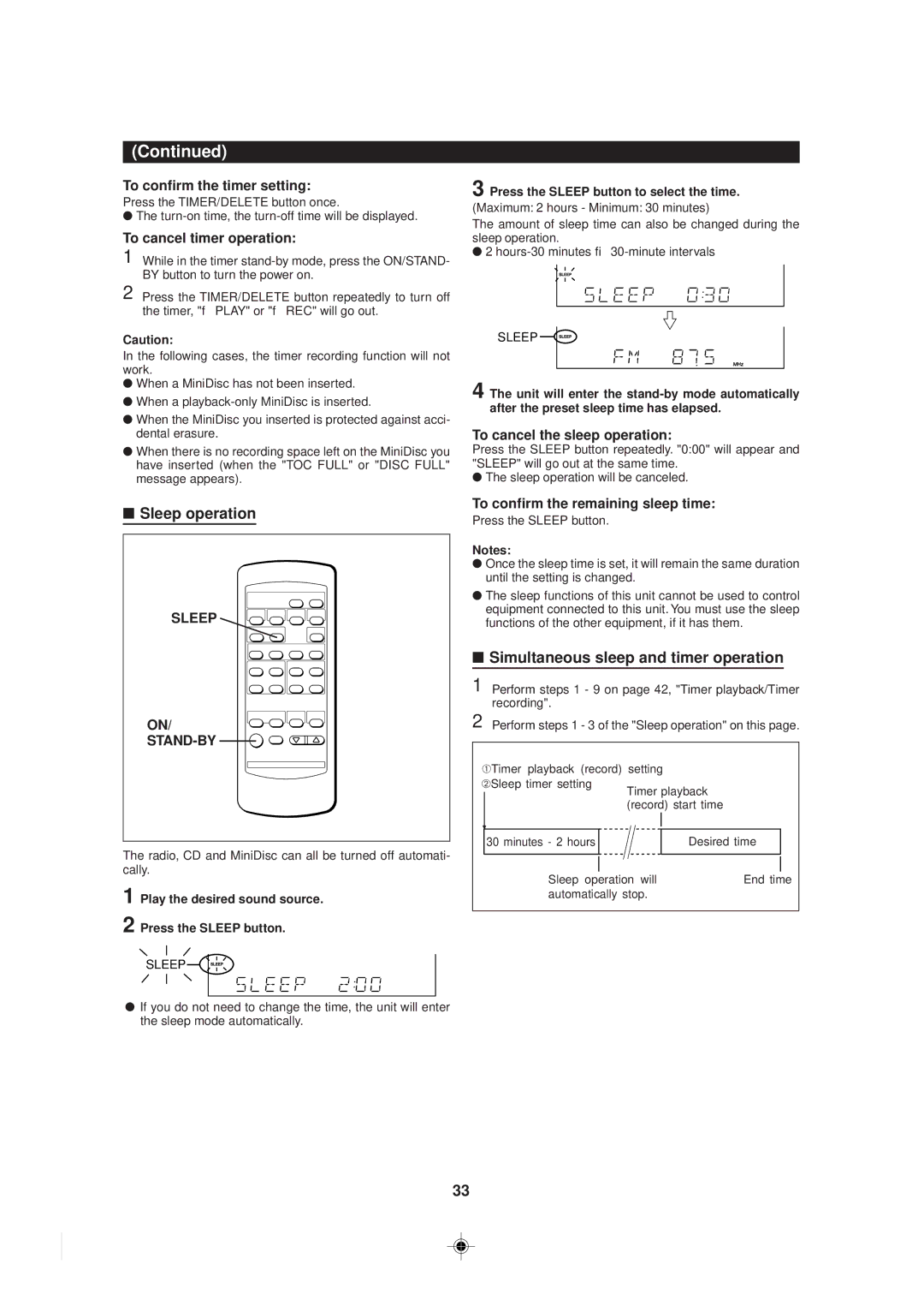 Sharp MD-MX30 MD operation manual Sleep operation, Simultaneous sleep and timer operation, Stand-By 