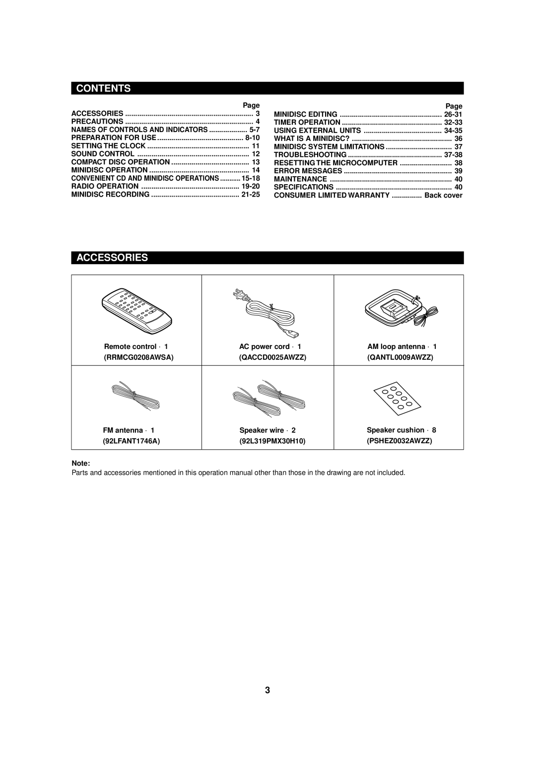 Sharp MD-MX30 MD operation manual Contents, Accessories 