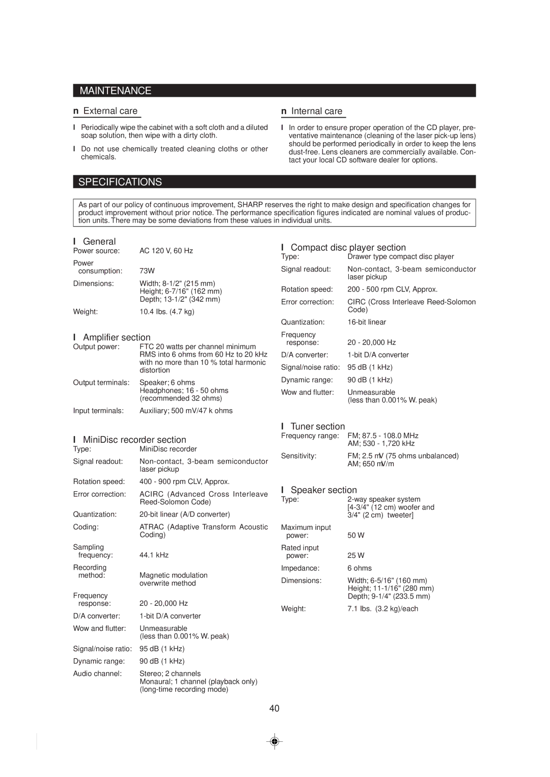 Sharp MD-MX30 MD operation manual Maintenance, Specifications 