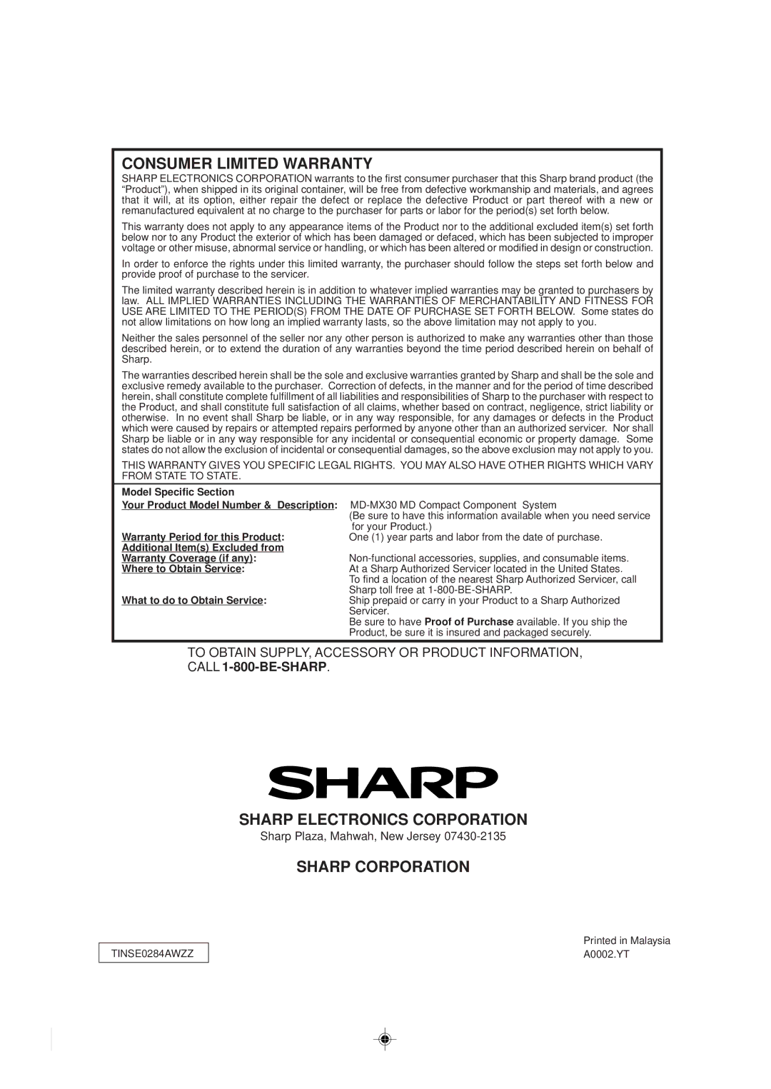 Sharp MD-MX30 MD operation manual Model Specific Section, Where to Obtain Service What to do to Obtain Service 