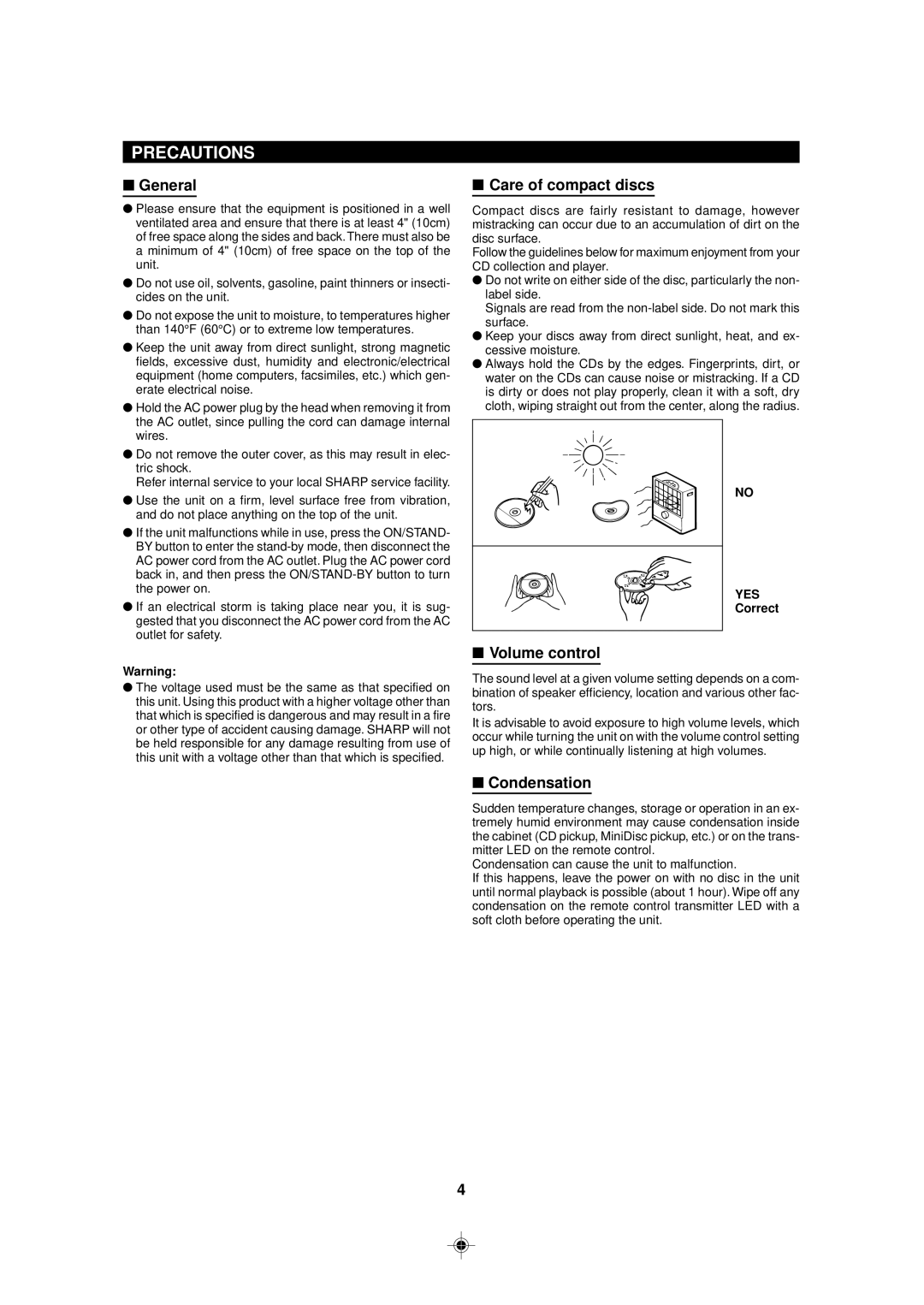 Sharp MD-MX30 MD operation manual Precautions, General, Care of compact discs, Volume control, Condensation 