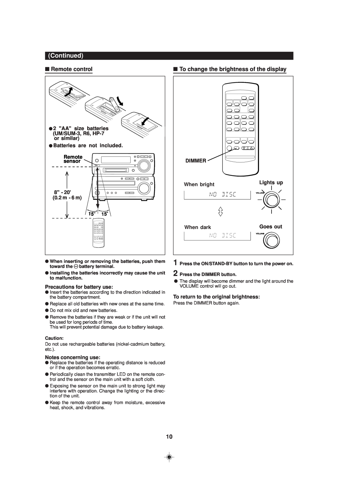 Sharp MD-MX30 MD operation manual To change the brightness of the display, Continued, Remote control 