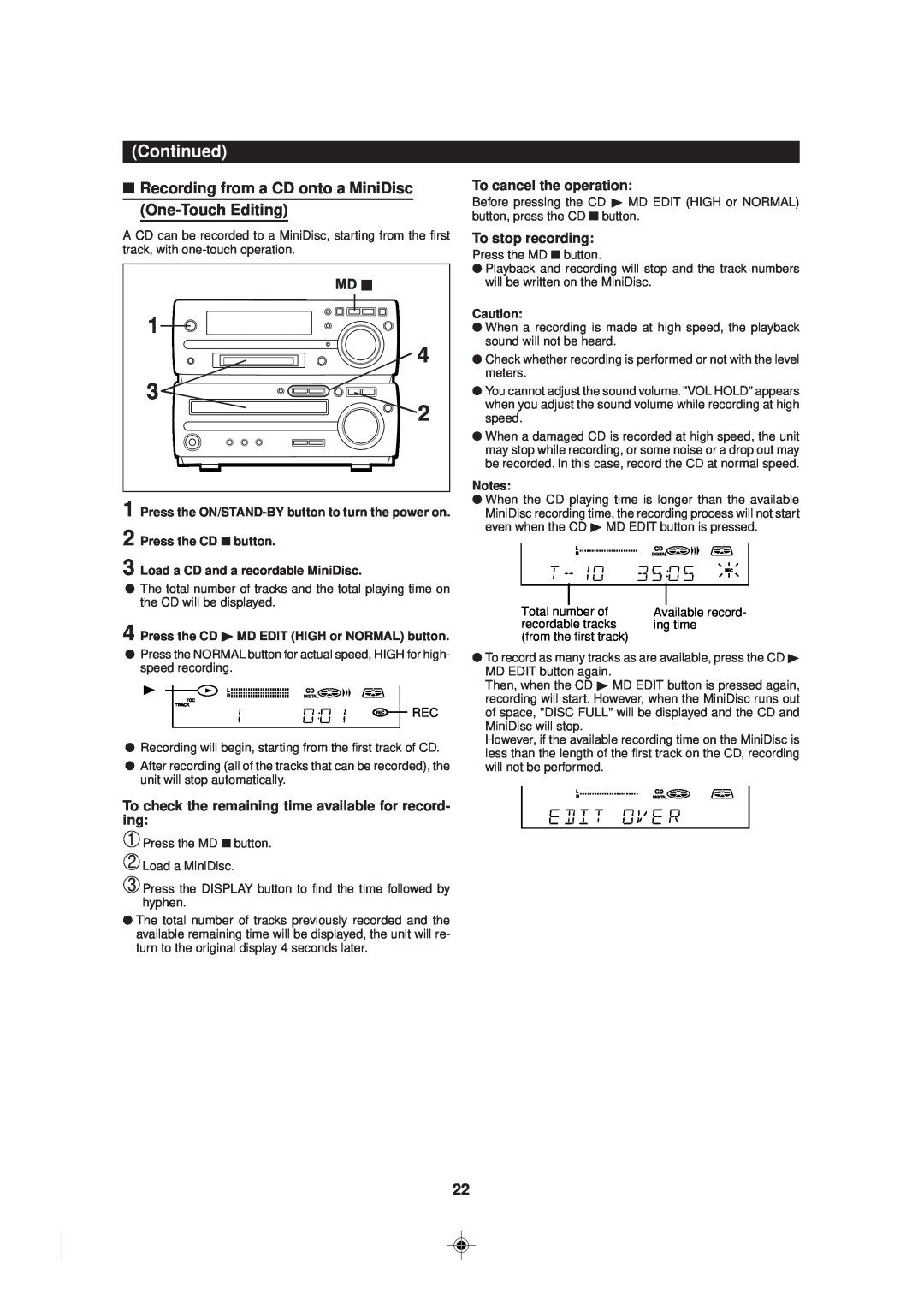 Sharp MD-MX30 MD operation manual Continued, Md H, To cancel the operation, To stop recording 
