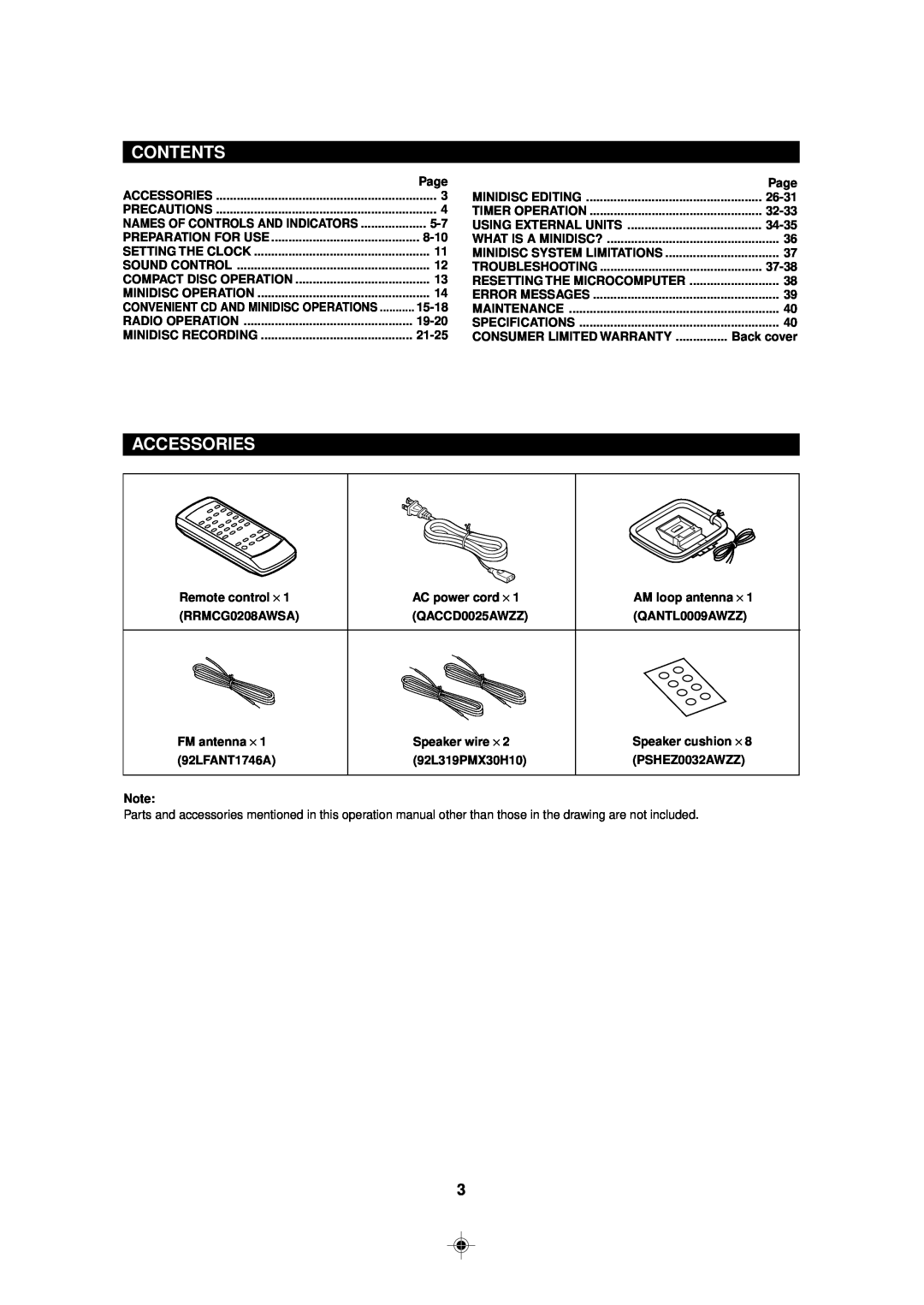 Sharp MD-MX30 MD operation manual Contents, Accessories 