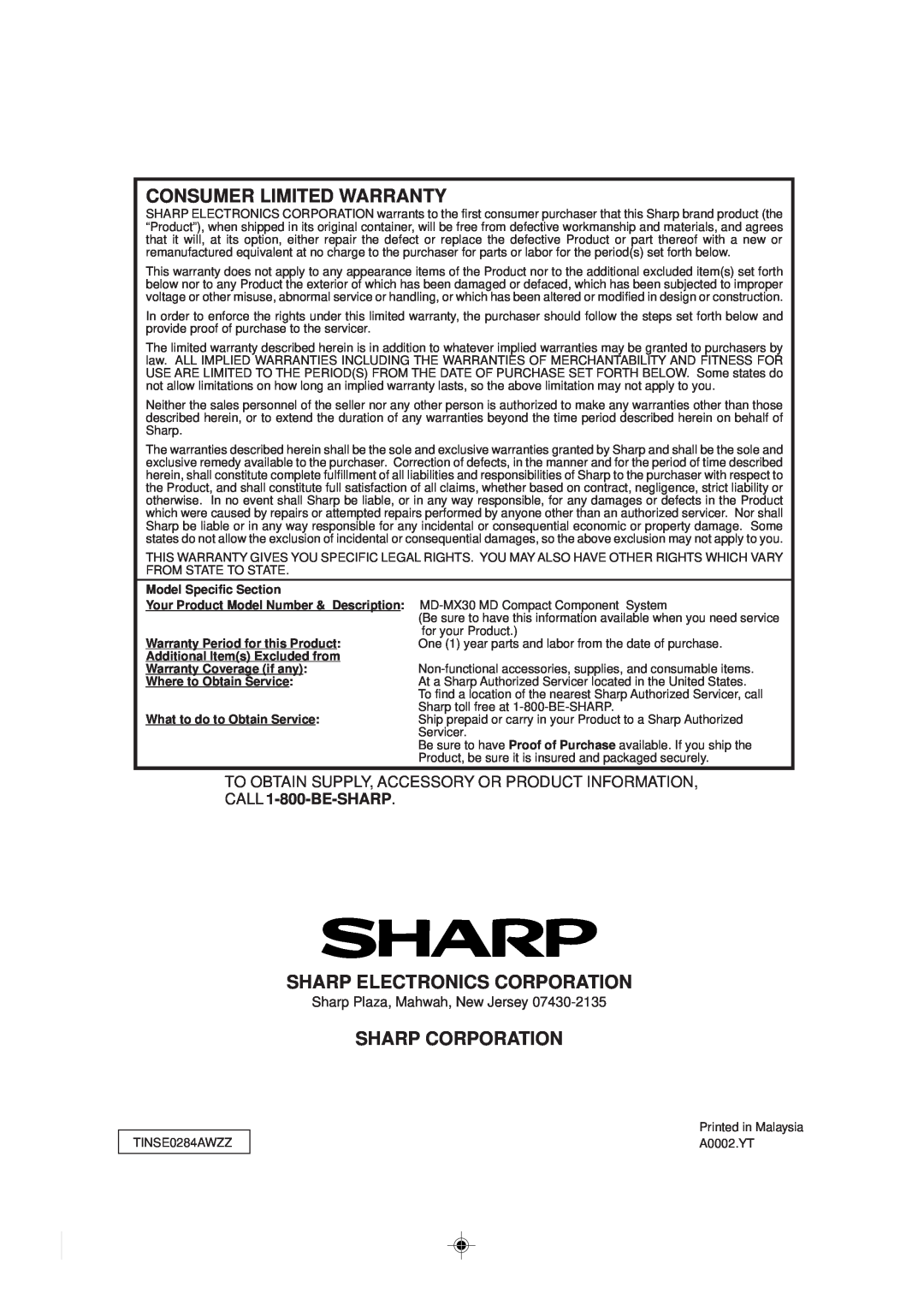 Sharp MD-MX30 MD operation manual Consumer Limited Warranty, Sharp Electronics Corporation, Sharp Corporation 