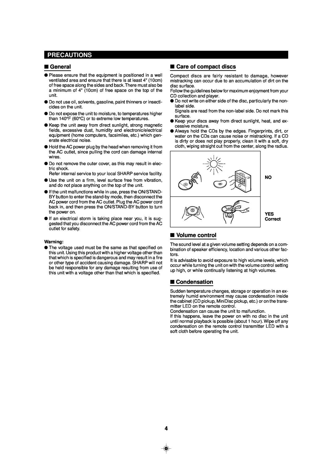 Sharp MD-MX30 MD operation manual Precautions, General, Care of compact discs, Volume control, Condensation 