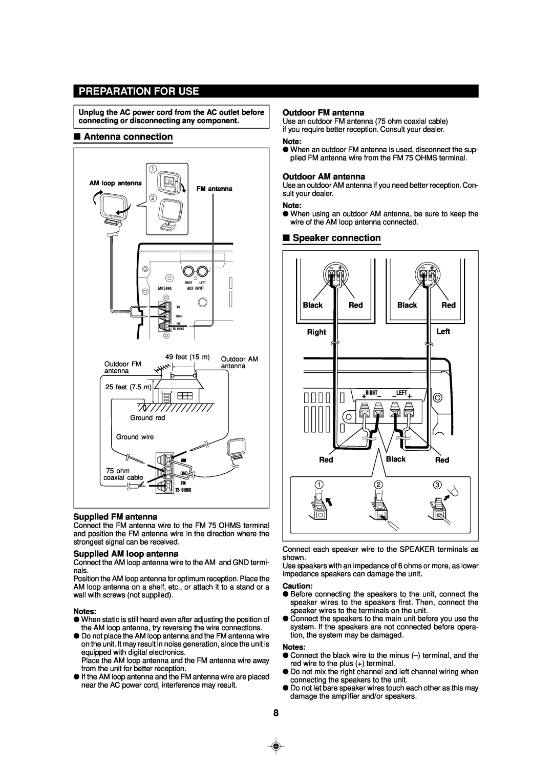 Sharp MD-MX30 MD operation manual Preparation For Use, Antenna connection, Speaker connection 