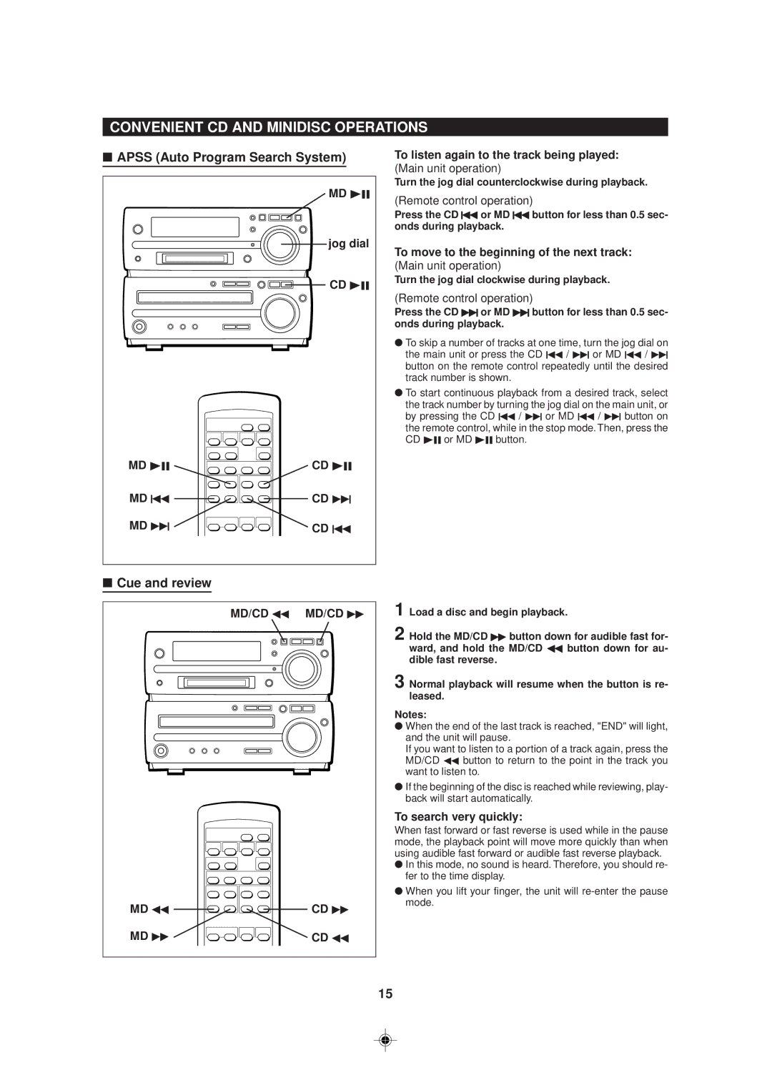 Sharp MD-MX30 Convenient CD and Minidisc Operations, Apss Auto Program Search System, Cue and review, MD/CD 3 MD/CD 