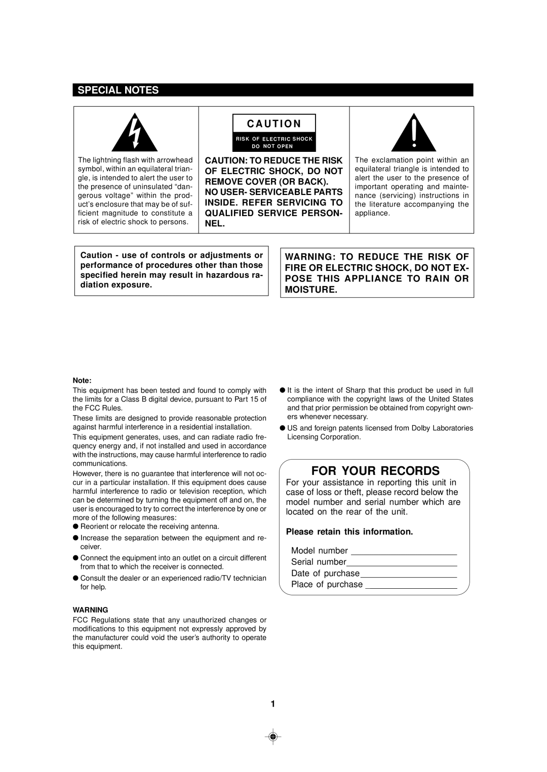 Sharp MD-MX30 operation manual Special Notes, Please retain this information 