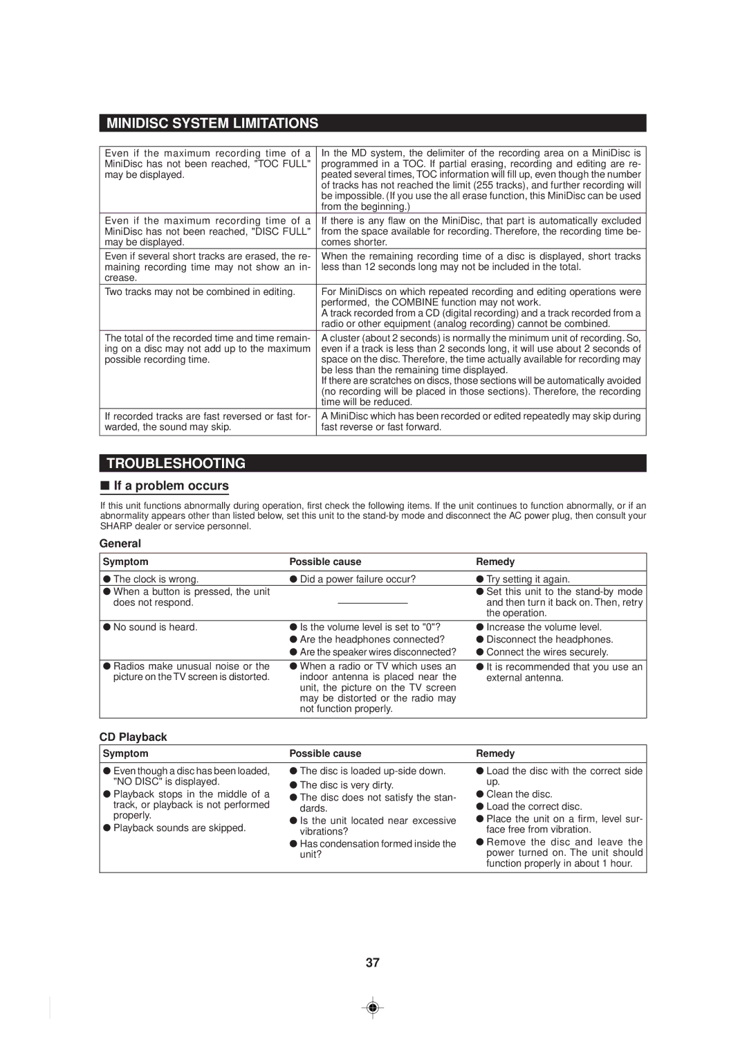 Sharp MD-MX30 operation manual Minidisc System Limitations, Troubleshooting, If a problem occurs, General, CD Playback 