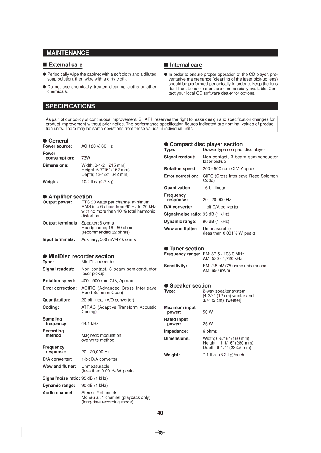 Sharp MD-MX30 operation manual Maintenance, Specifications 