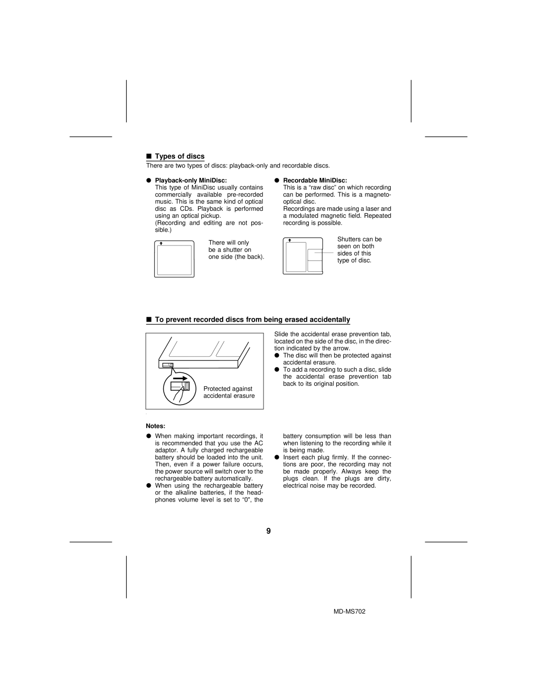 Sharp MD-R2, MD-MS702 operation manual Types of discs, To prevent recorded discs from being erased accidentally 