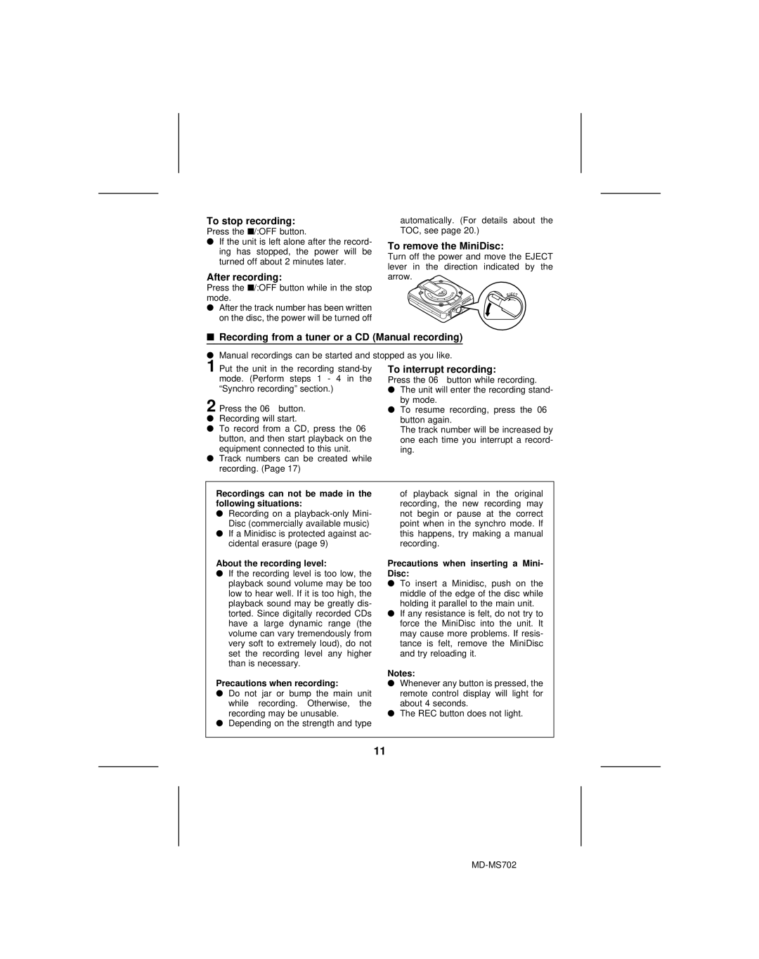 Sharp MD-R2 To stop recording, After recording, To remove the MiniDisc, Recording from a tuner or a CD Manual recording 