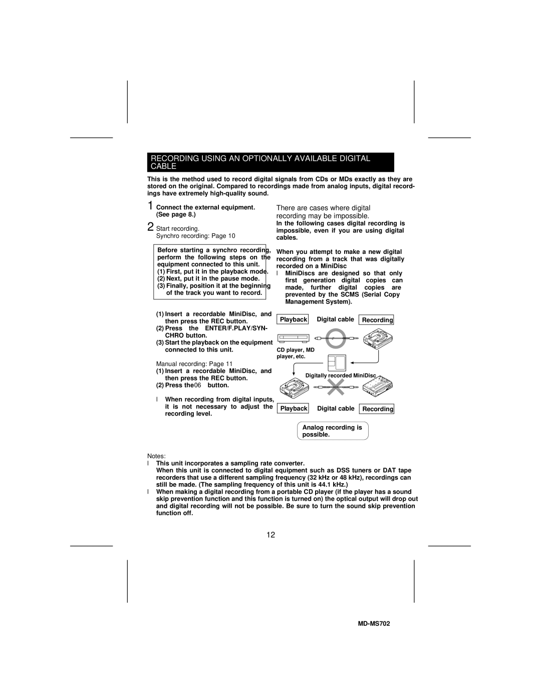 Sharp MD-MS702 Recording Using AN Optionally Available Digital Cable, Start recording Synchro recording, Manual recording 