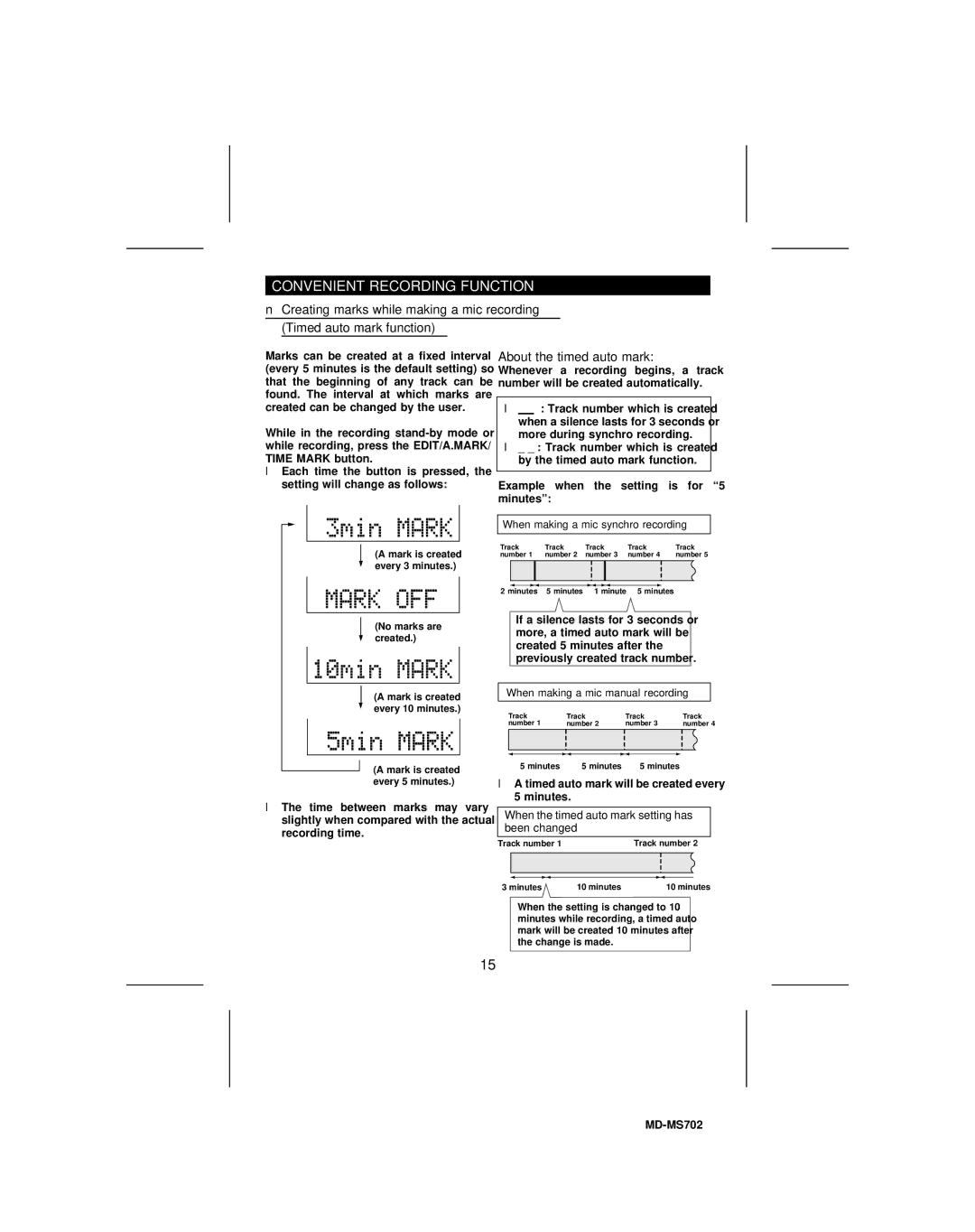 Sharp MD-R2 Convenient Recording Function, About the timed auto mark, When the timed auto mark setting has been changed 