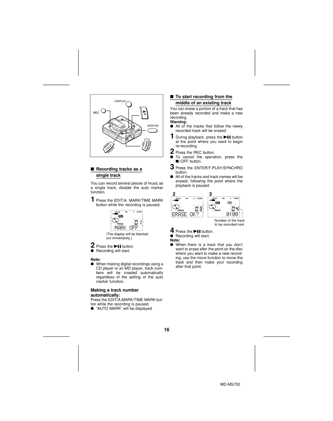 Sharp MD-MS702, MD-R2 operation manual Recording tracks as a single track, Making a track number automatically 