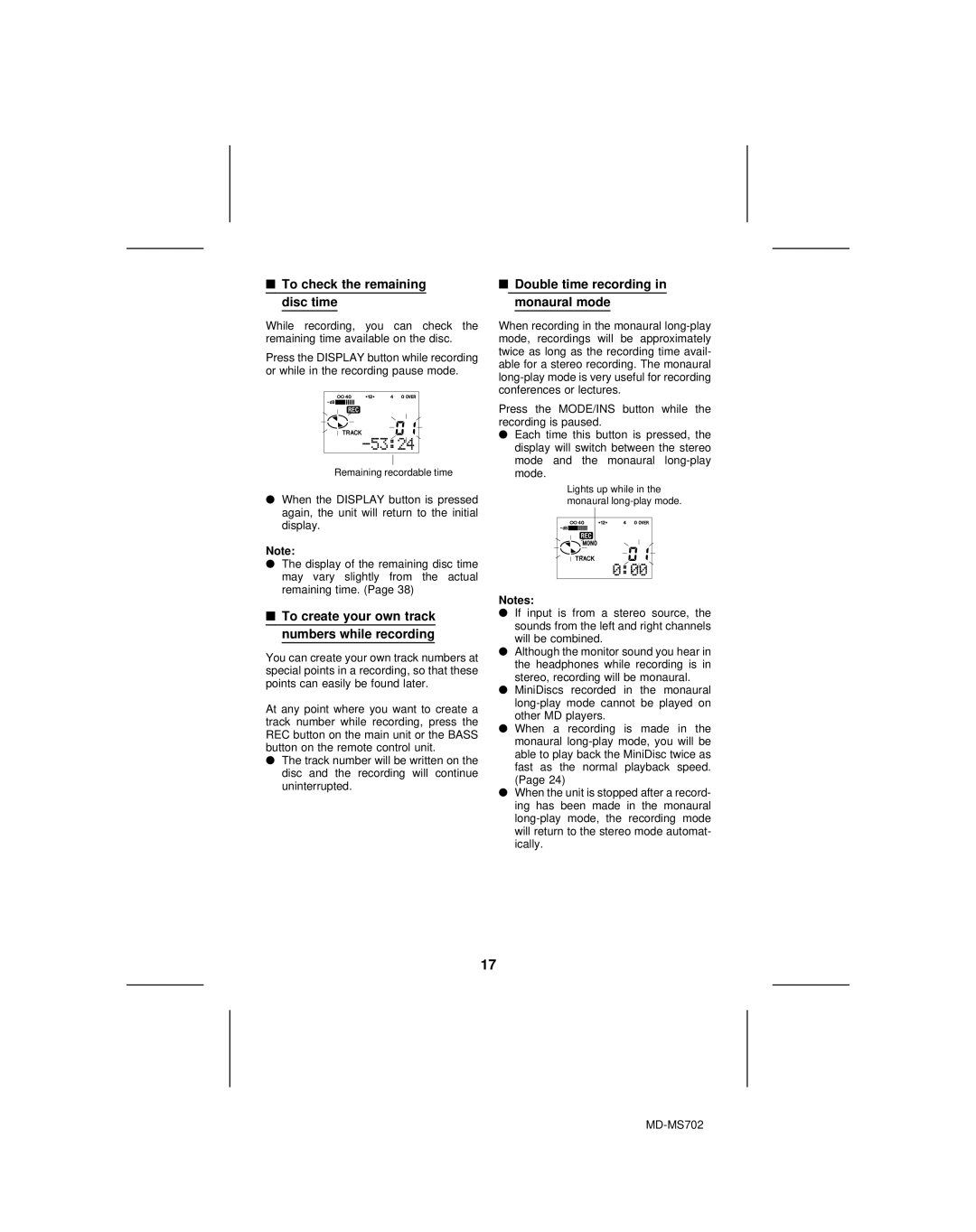 Sharp MD-R2, MD-MS702 operation manual To check the remaining disc time, To create your own track numbers while recording 