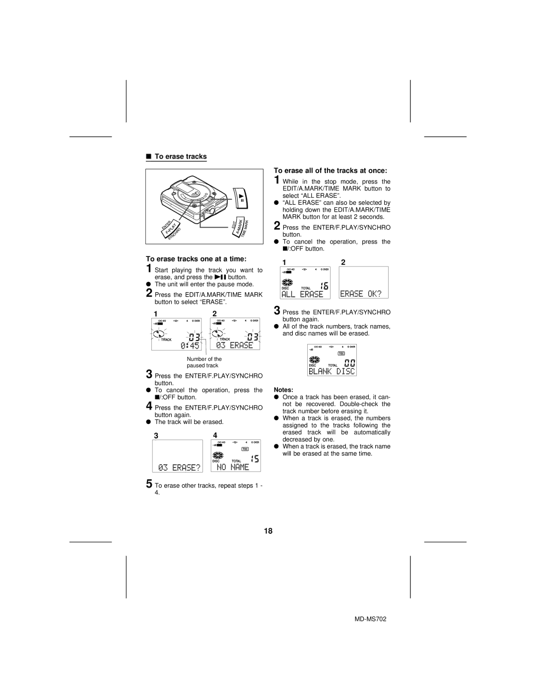 Sharp MD-MS702, MD-R2 operation manual To erase tracks To erase tracks one at a time, To erase all of the tracks at once 