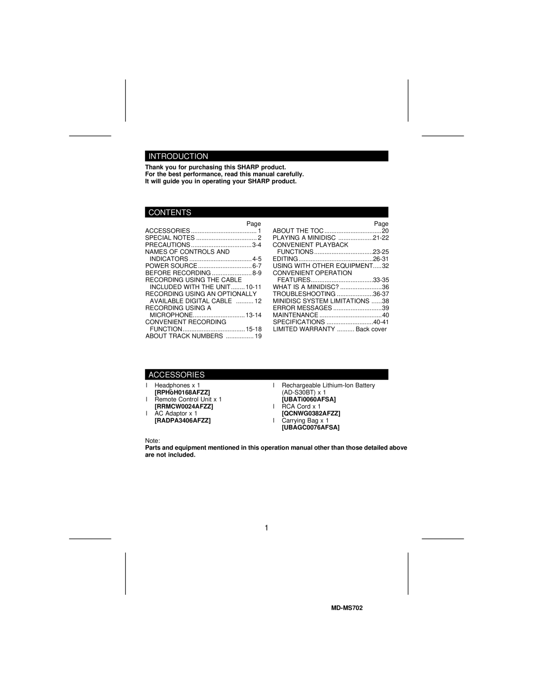 Sharp MD-R2, MD-MS702 operation manual Introduction, Contents, Accessories 