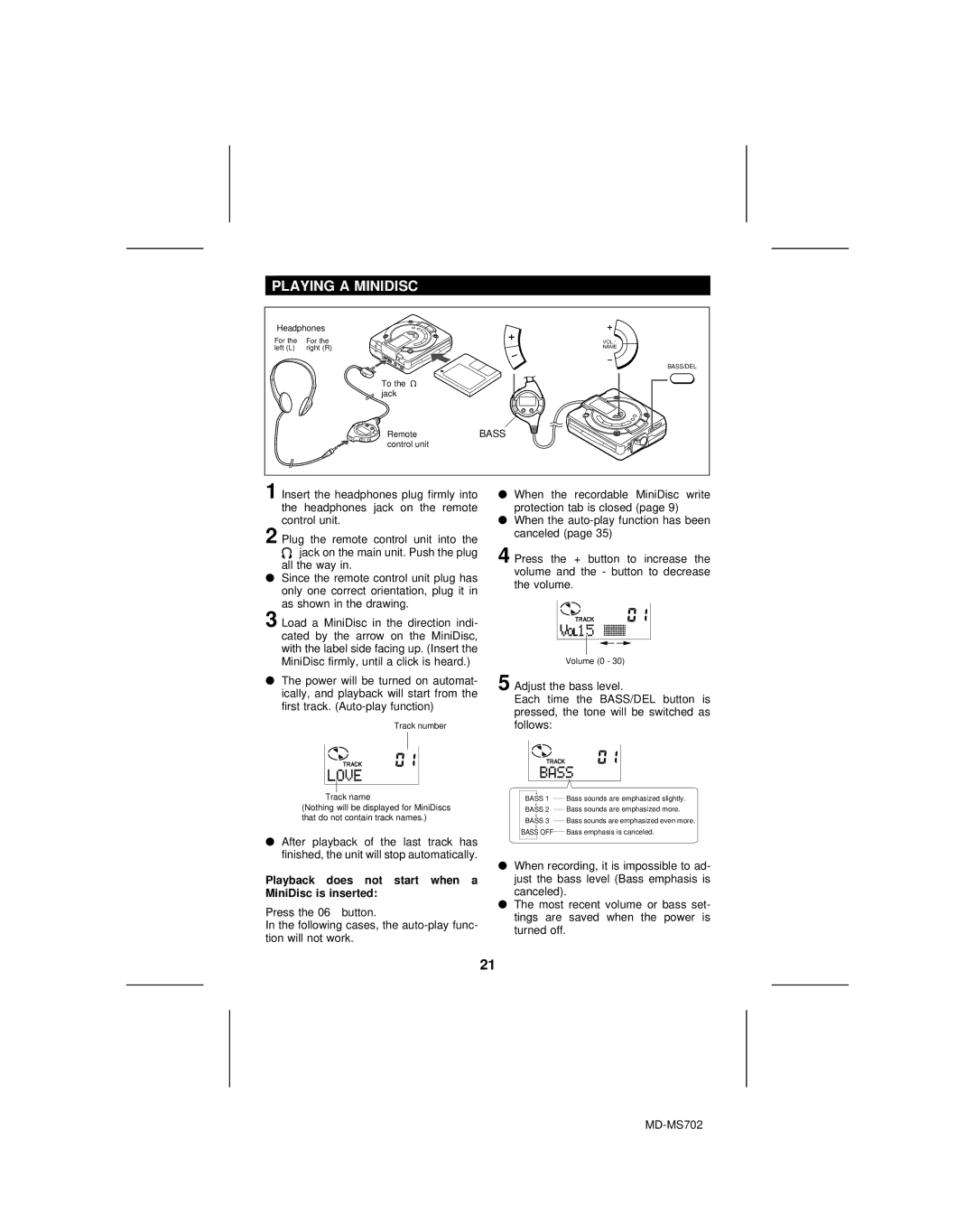 Sharp MD-R2, MD-MS702 operation manual Playing a Minidisc, Playback does not start when a MiniDisc is inserted 