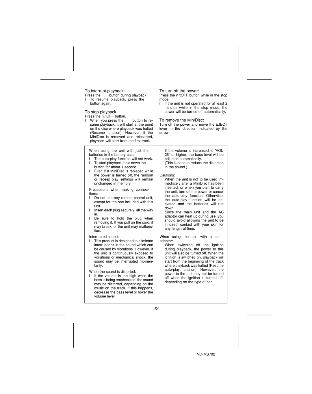 Sharp MD-MS702, MD-R2 operation manual To interrupt playback, To stop playback, To turn off the power 