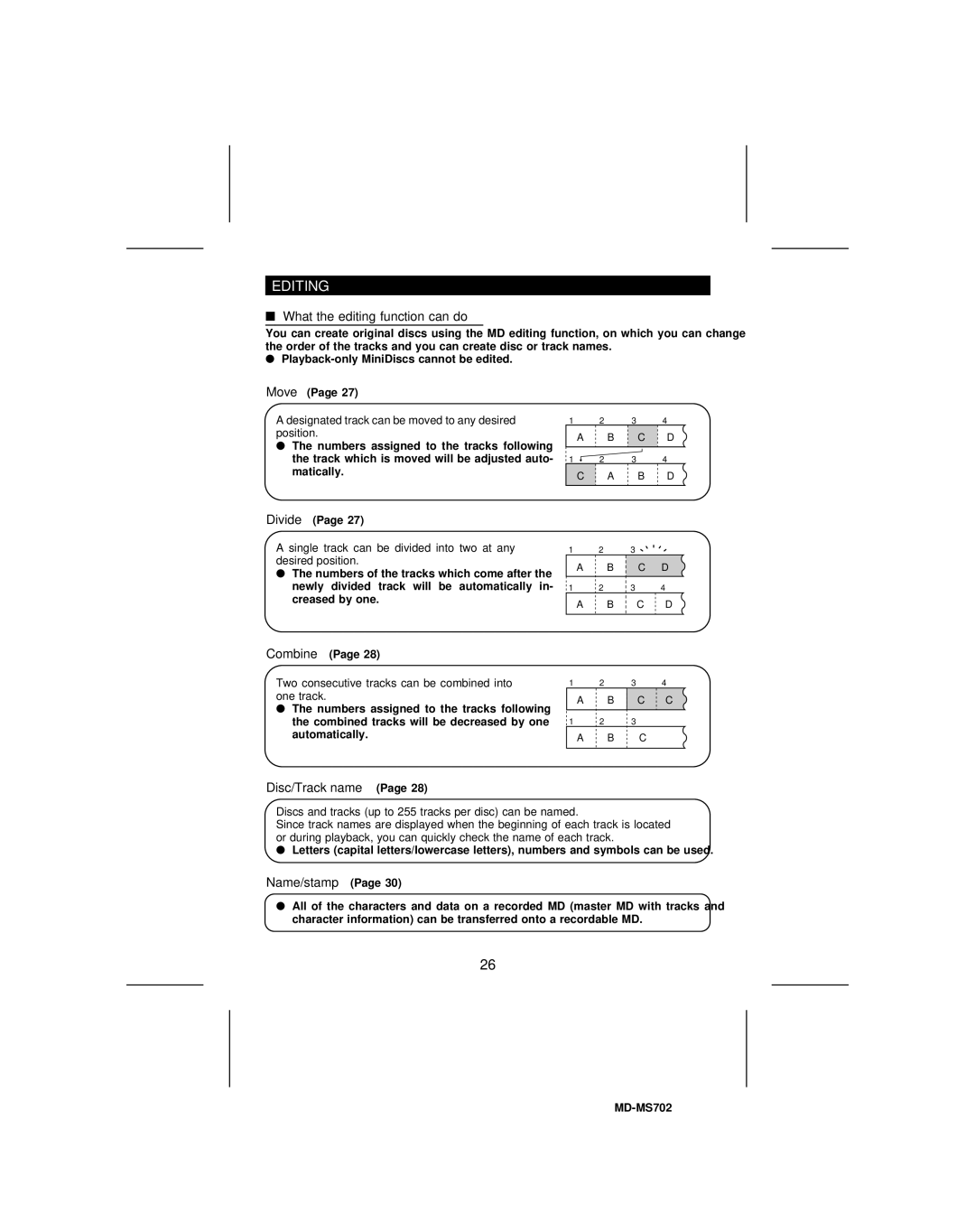 Sharp MD-MS702, MD-R2 operation manual Editing, What the editing function can do, Disc/Track name, Name/stamp 