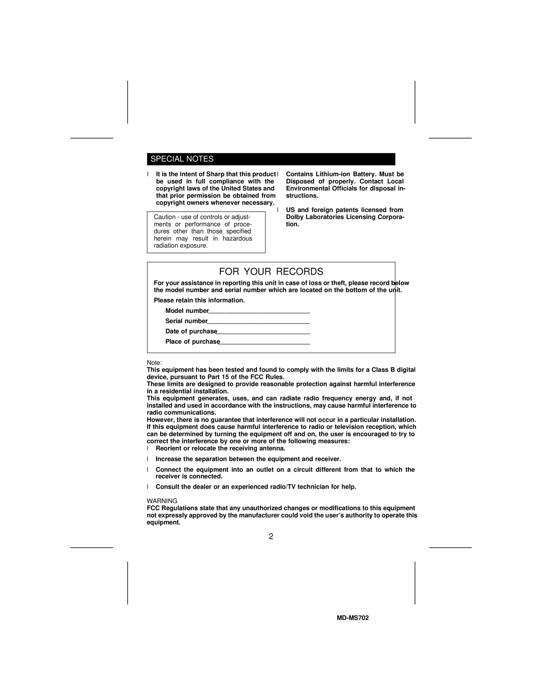 Sharp MD-MS702, MD-R2 operation manual For Your Records, Special Notes 