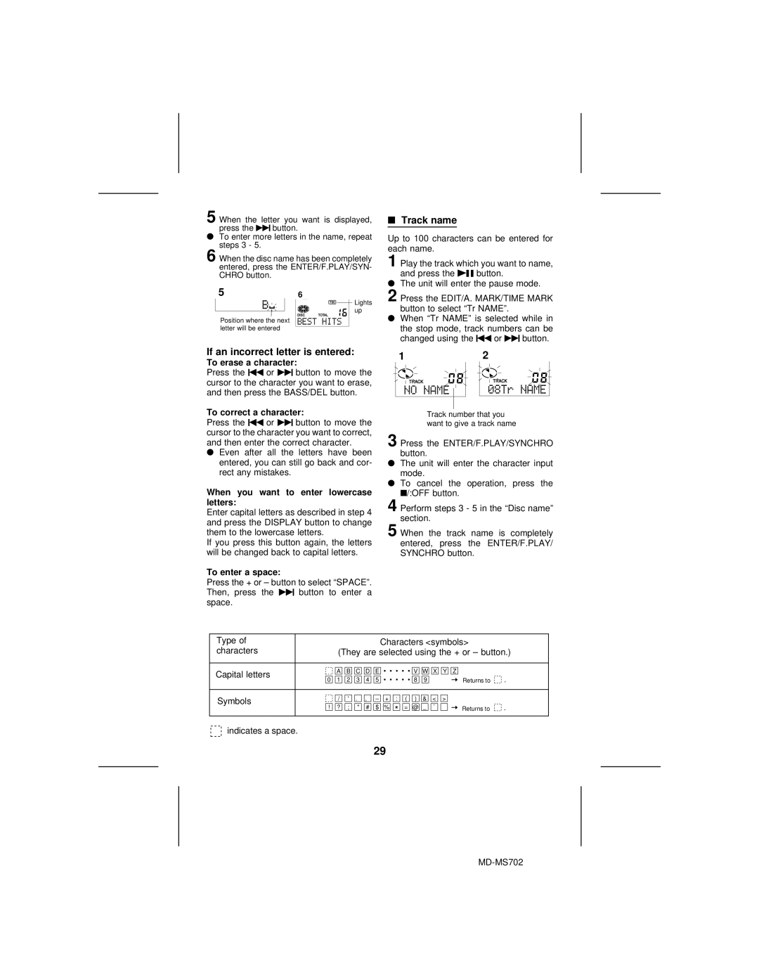 Sharp MD-R2, MD-MS702 operation manual Track name, If an incorrect letter is entered 