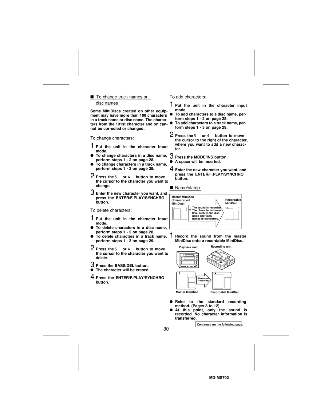 Sharp MD-MS702, MD-R2 To change track names or disc names, To change characters, To delete characters, To add characters 