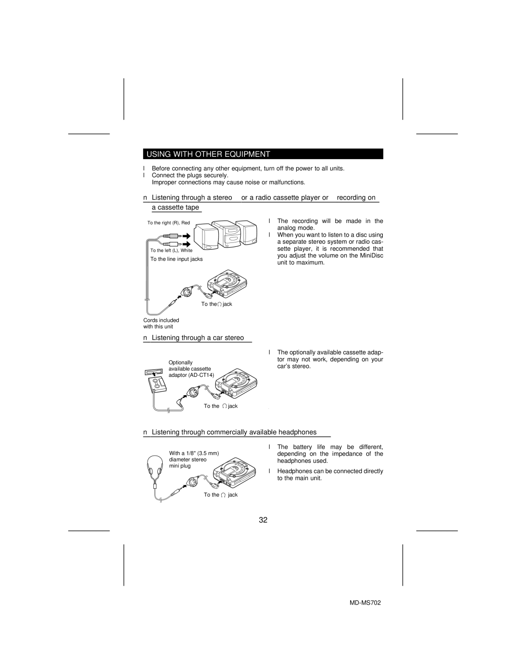 Sharp MD-MS702, MD-R2 operation manual Using with Other Equipment, Listening through a car stereo 