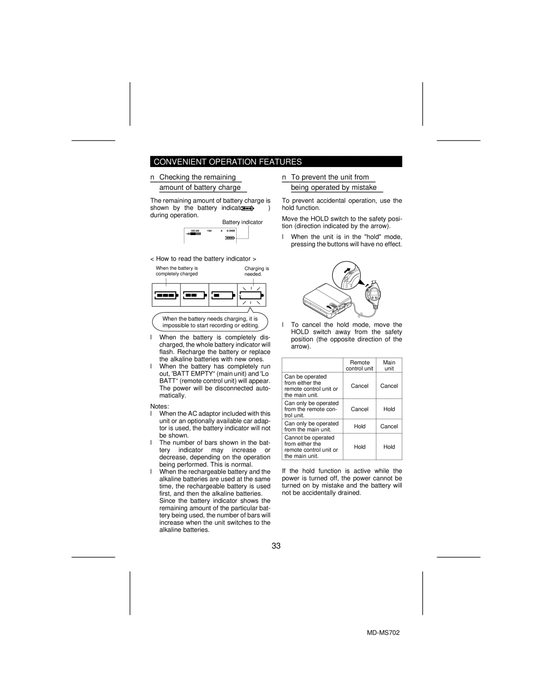 Sharp MD-R2, MD-MS702 operation manual Convenient Operation Features, Checking the remaining amount of battery charge 